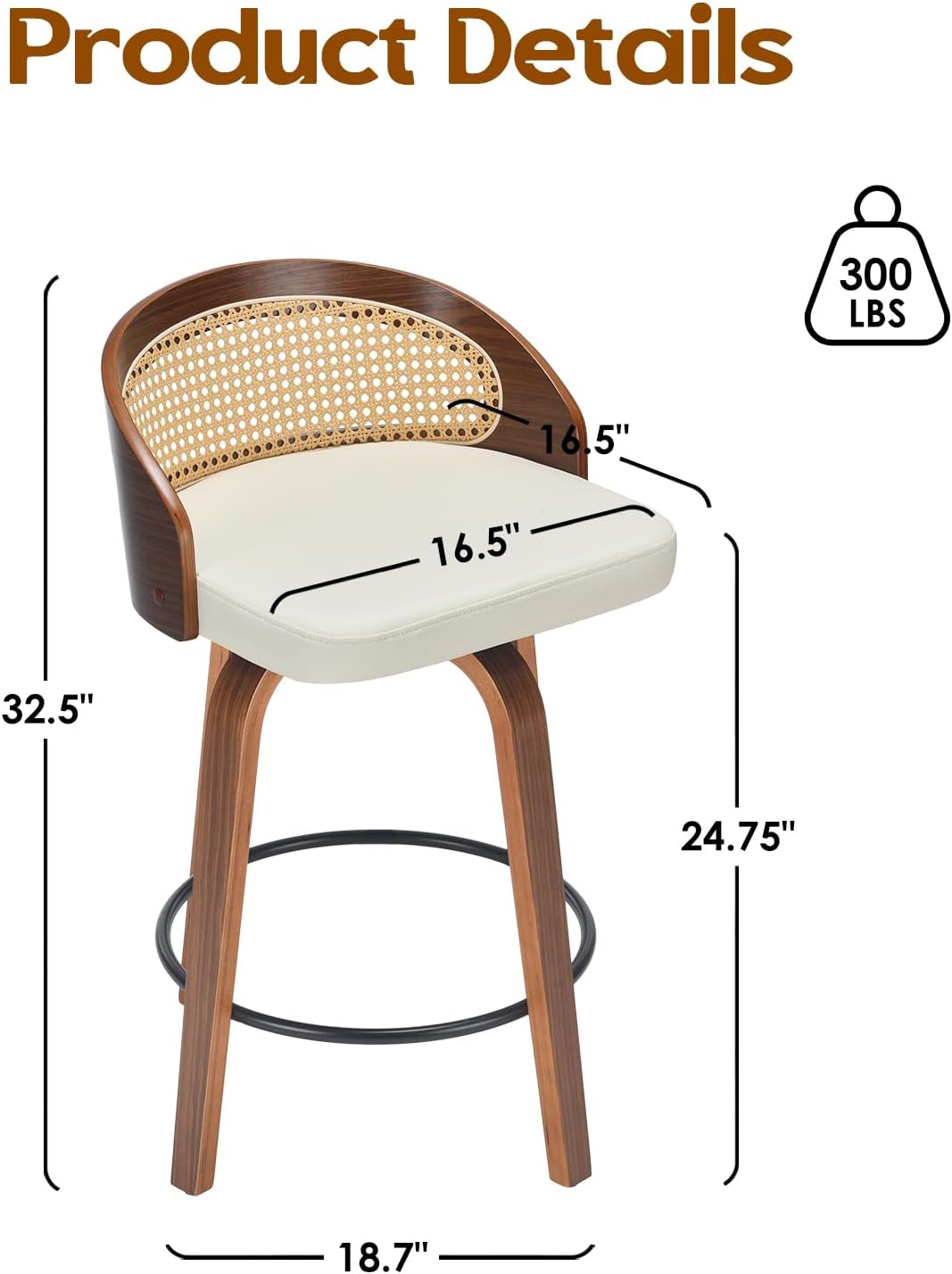 Farini Swivel Bar Stools Set of 2, Modern Wood Frame with Rattan Back, PU Leather Stool for Kitchen Counter, Mid Century Upholstered Barstools with Footrest,Industrial Counter Height Stools
