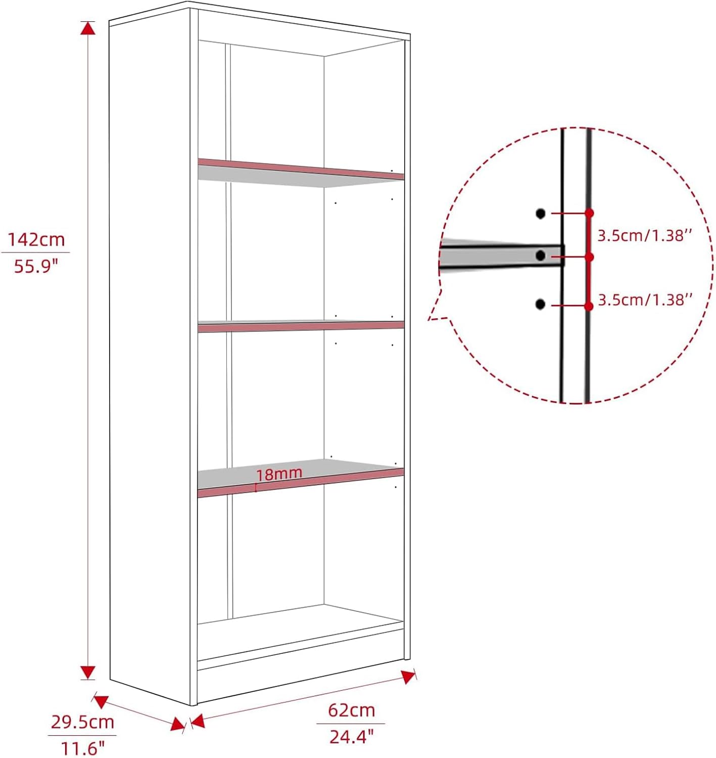 Farini Bookcase Freestanding 4 Shelf Wood Bookshelf Adjustable Shelves for Home Office,4 Layer, Cherry
