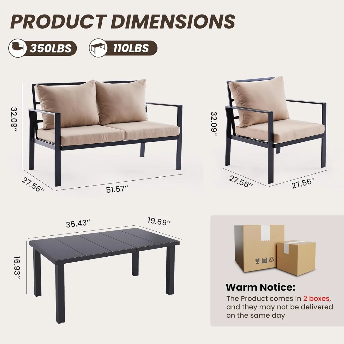 Farini Outdoor conversation sets, Metal Patio Furniture Set with 2 Single Sofas, Loveseat & Coffee Table, for Garden, Backyard, Balcony