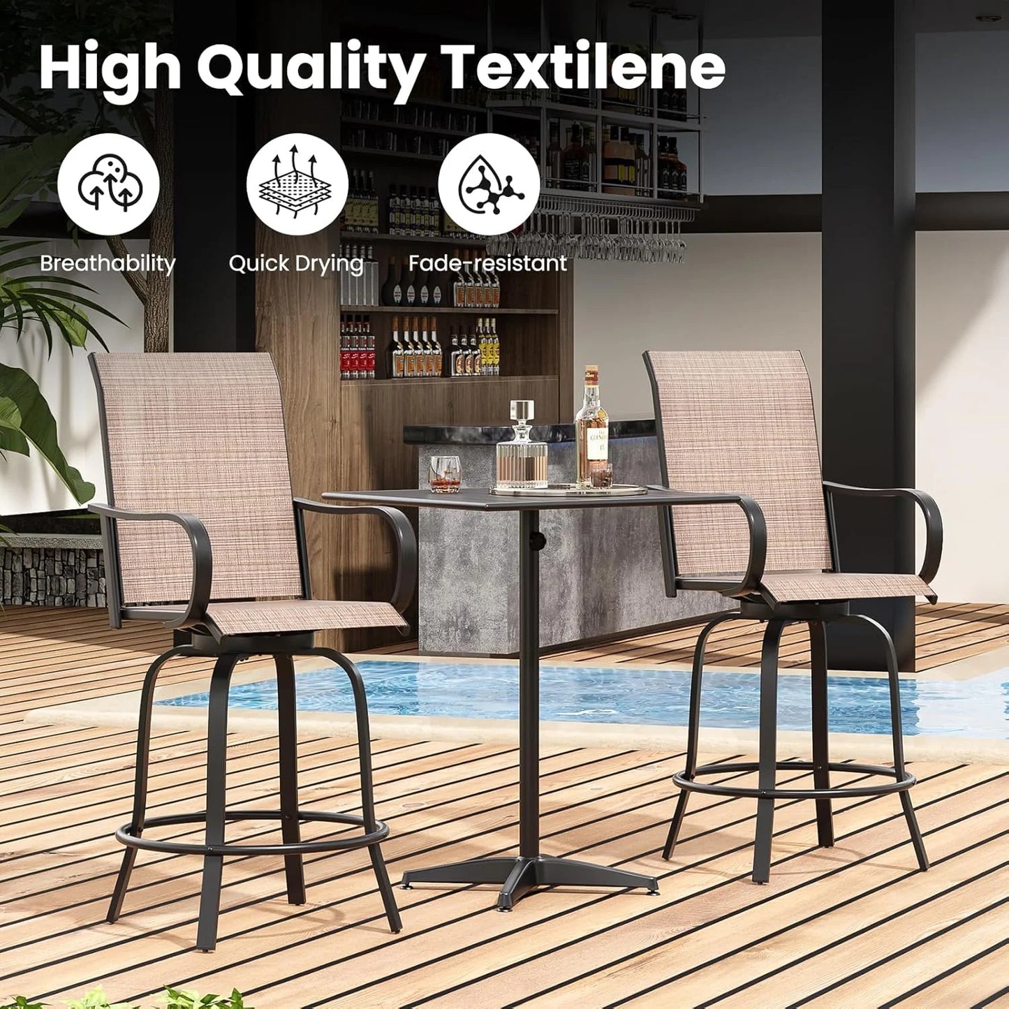 Farini Outdoor Bar Stools Set, 360°Swivel Patio Barstools with Textile Fabric,Ergonomic Comfort Bar Height Tall Outdoor Stools for Balcony