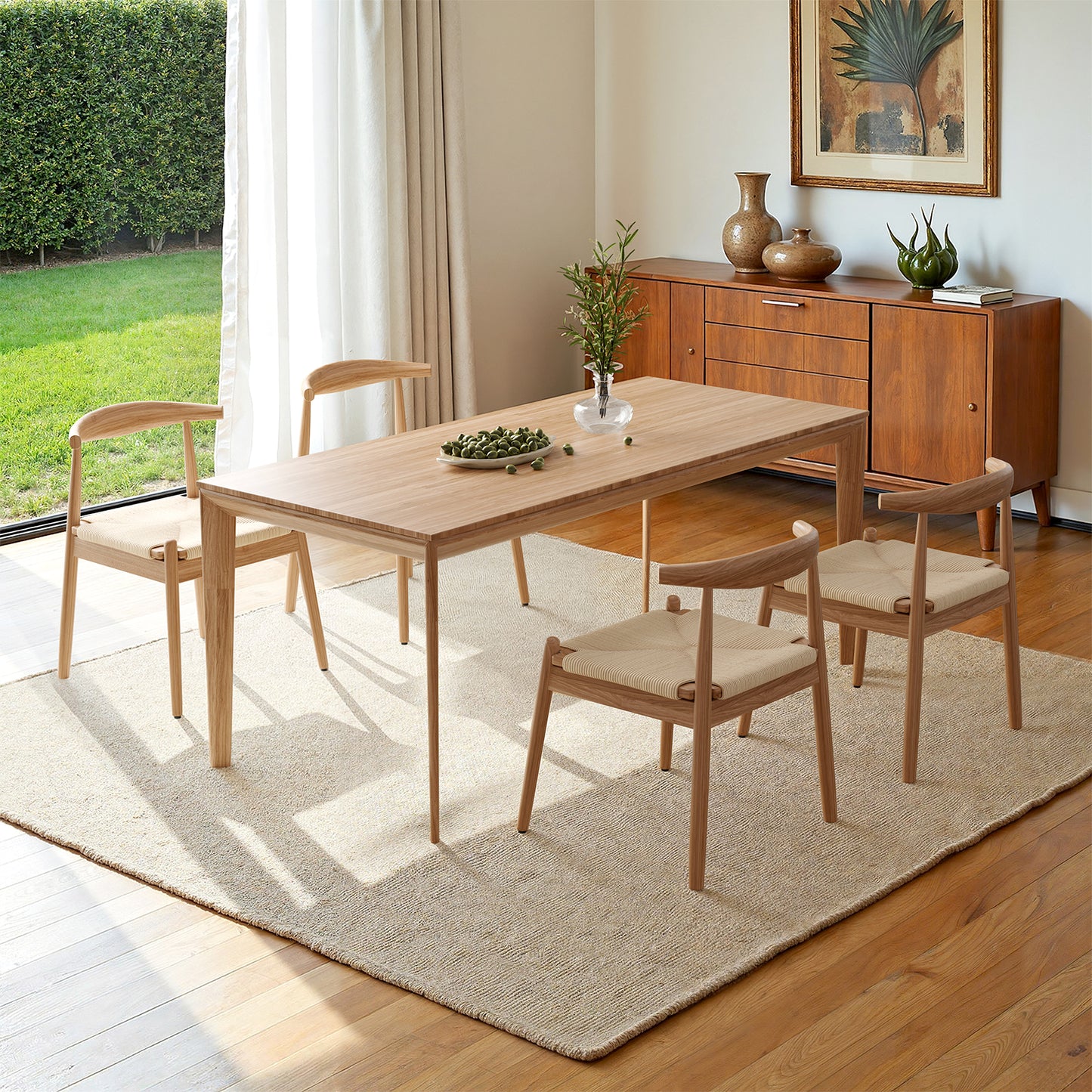 Farini Mid-Century Dining Chairs Set of 4, Solid Wood Frame & Woven Leather Seats, Nature-Beige