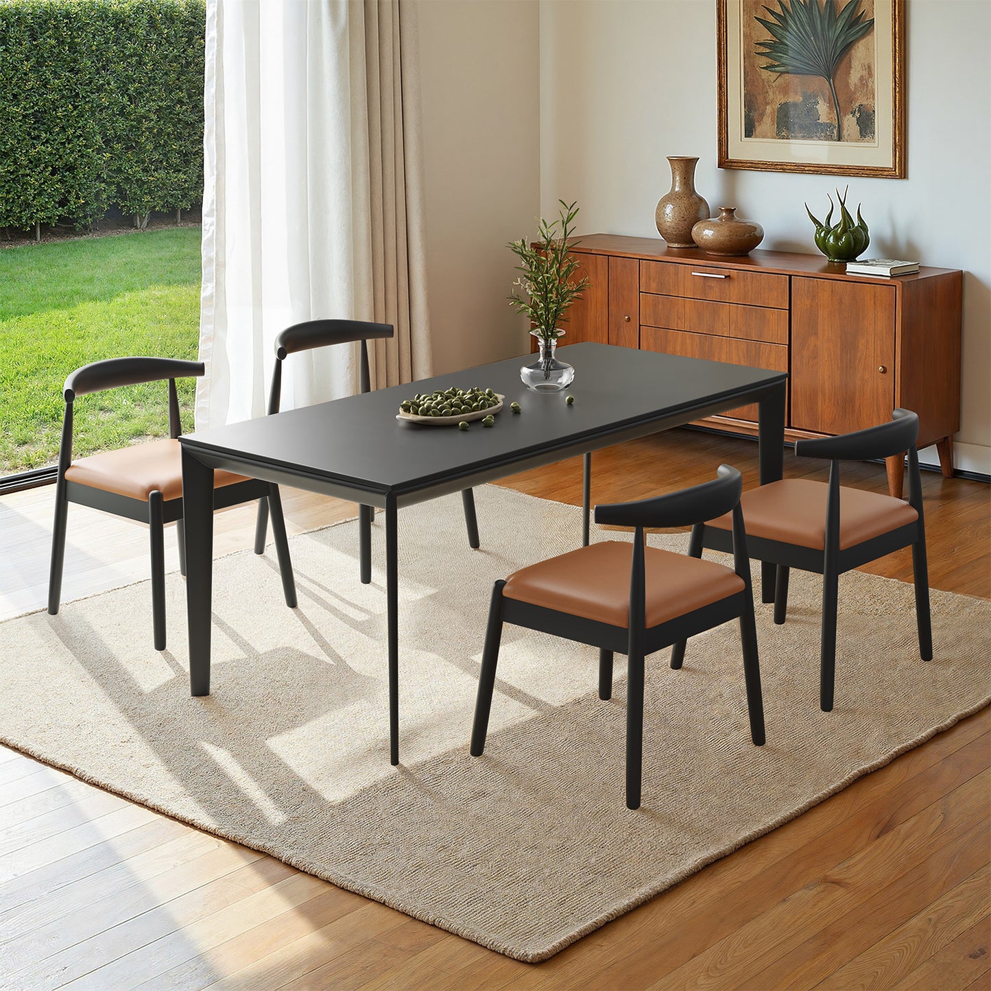 Farini Mid-Century Dining Chairs Set of 4, Solid Wood Frame & PU Leather Upholstered Seats, Black-Whiskey Brown