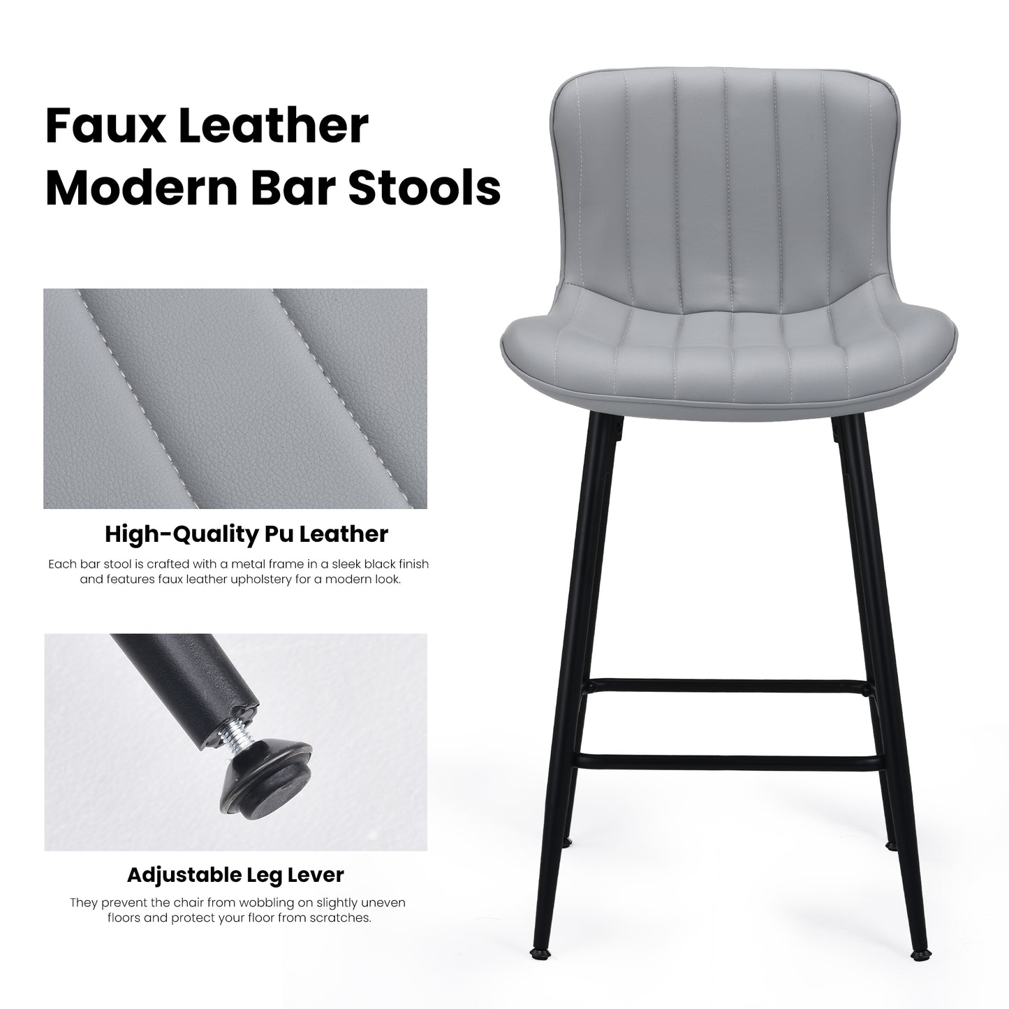 Farini 26" Counter Stools Set of 2, Faux Leather Barstools, Counter Height Chairs for Kitchen Islands & Dining Rooms, Gray