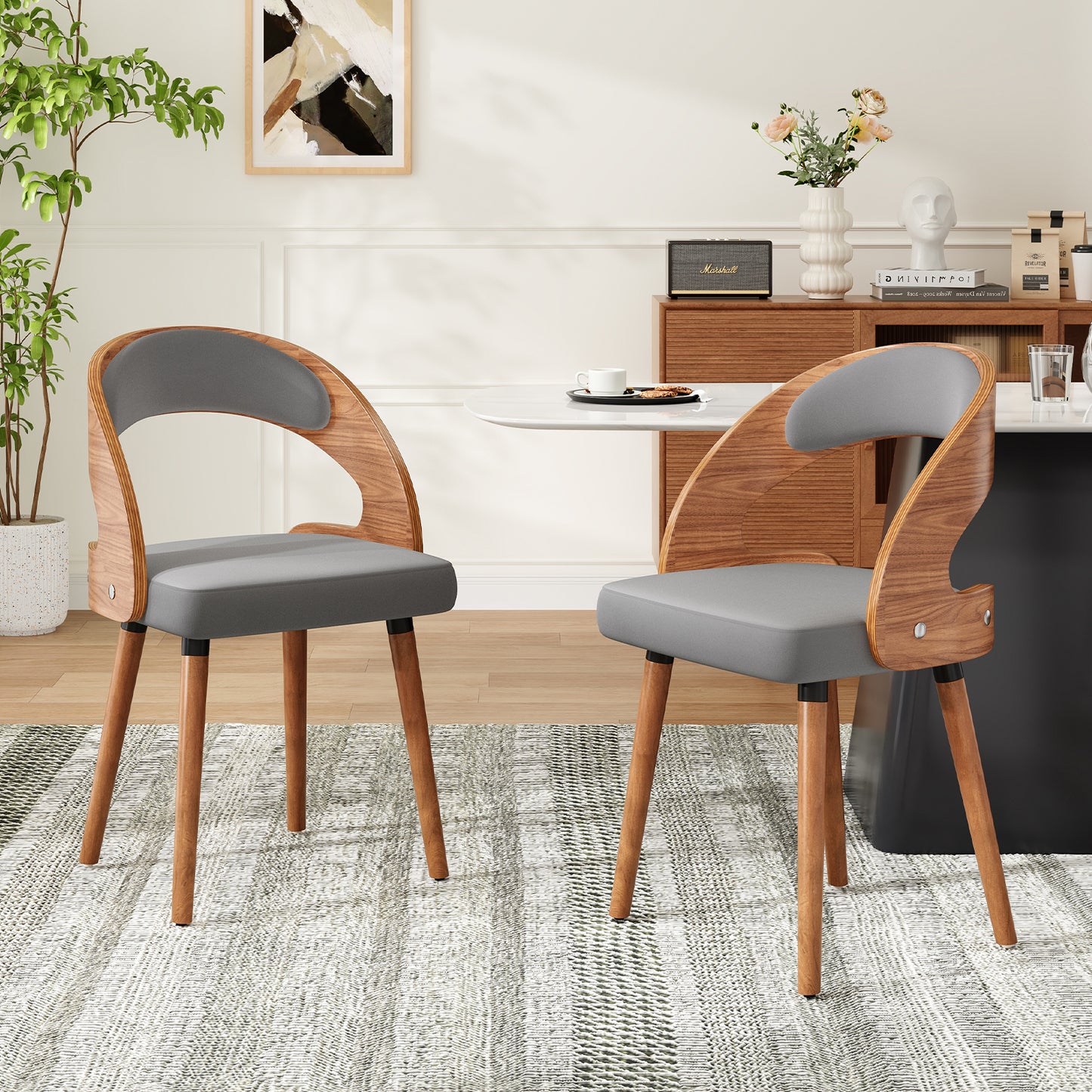 Farini Set of 2 Wood Dining Chairs with Curved Backrest for Kitchen Dining Room, Dark Gray