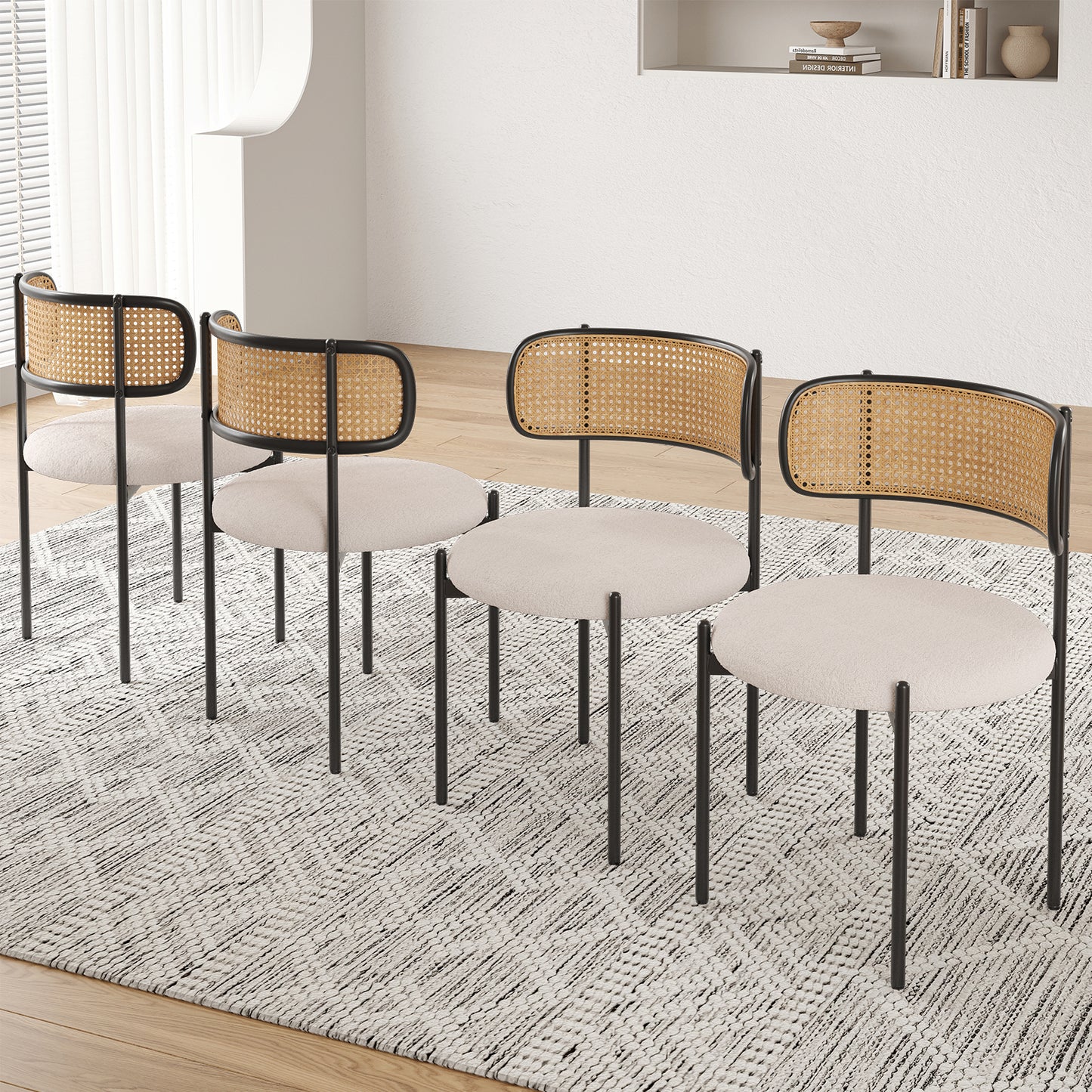 Farini Upholstered Dining Chair Set of 4, Rattan Backrest Kitchen Chair