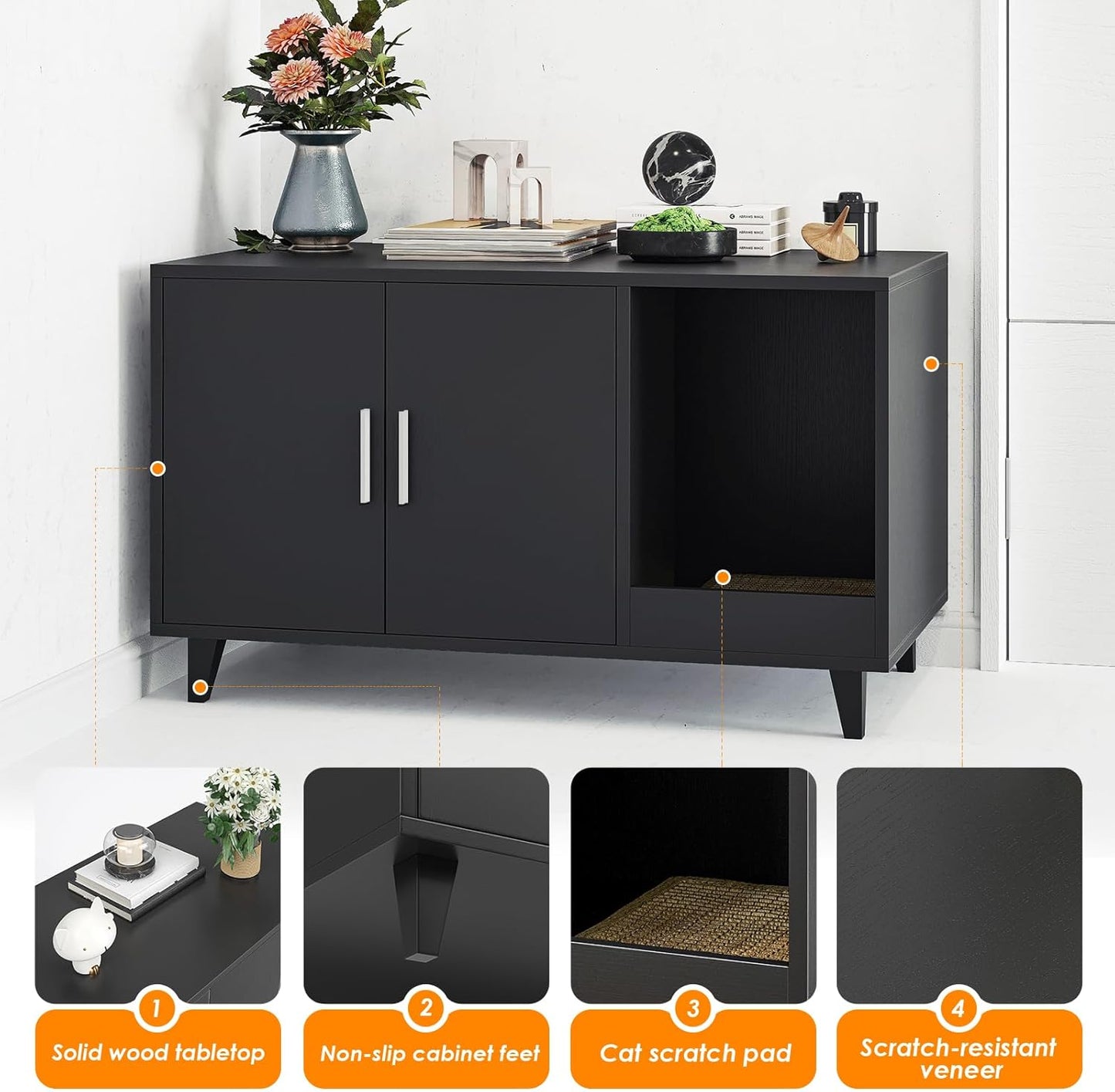 Farini Hidden Cat Litter Box Enclosure Furniture with Scratching Mat, Black