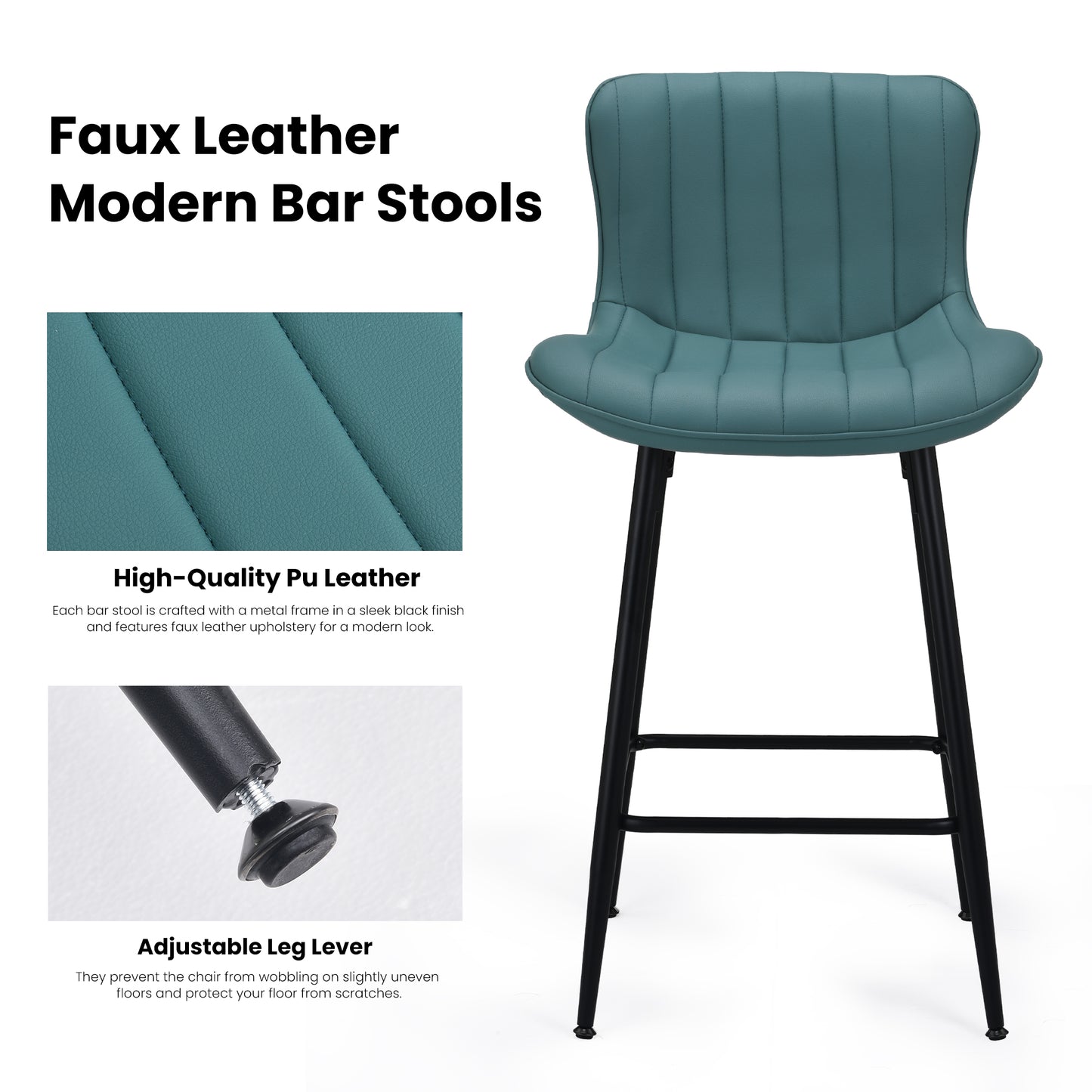 Farini 26" Counter Stools Set of 2, Faux Leather Barstools, Counter Height Chairs for Kitchen Islands & Dining Rooms, Green