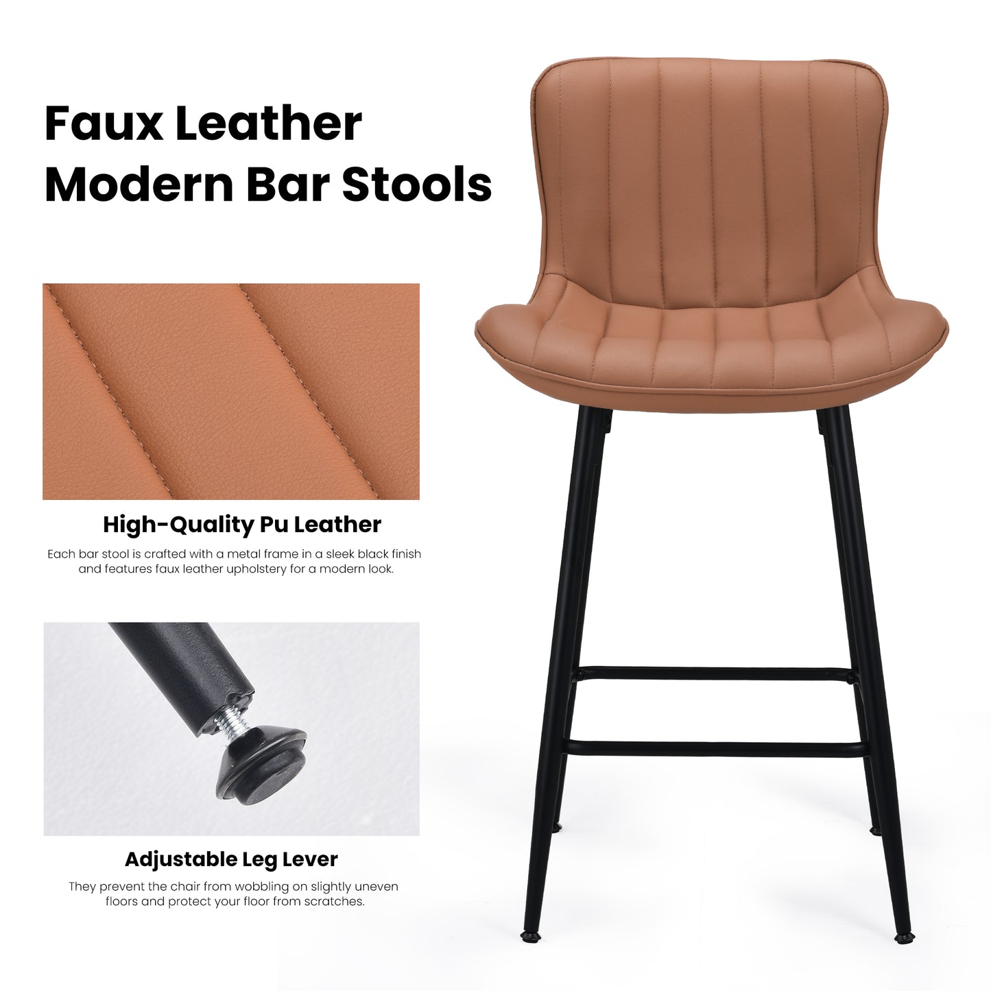 Farini 26" Counter Stools Set of 2, Faux Leather Barstools, Counter Height Chairs for Kitchen Islands & Dining Rooms, Brown