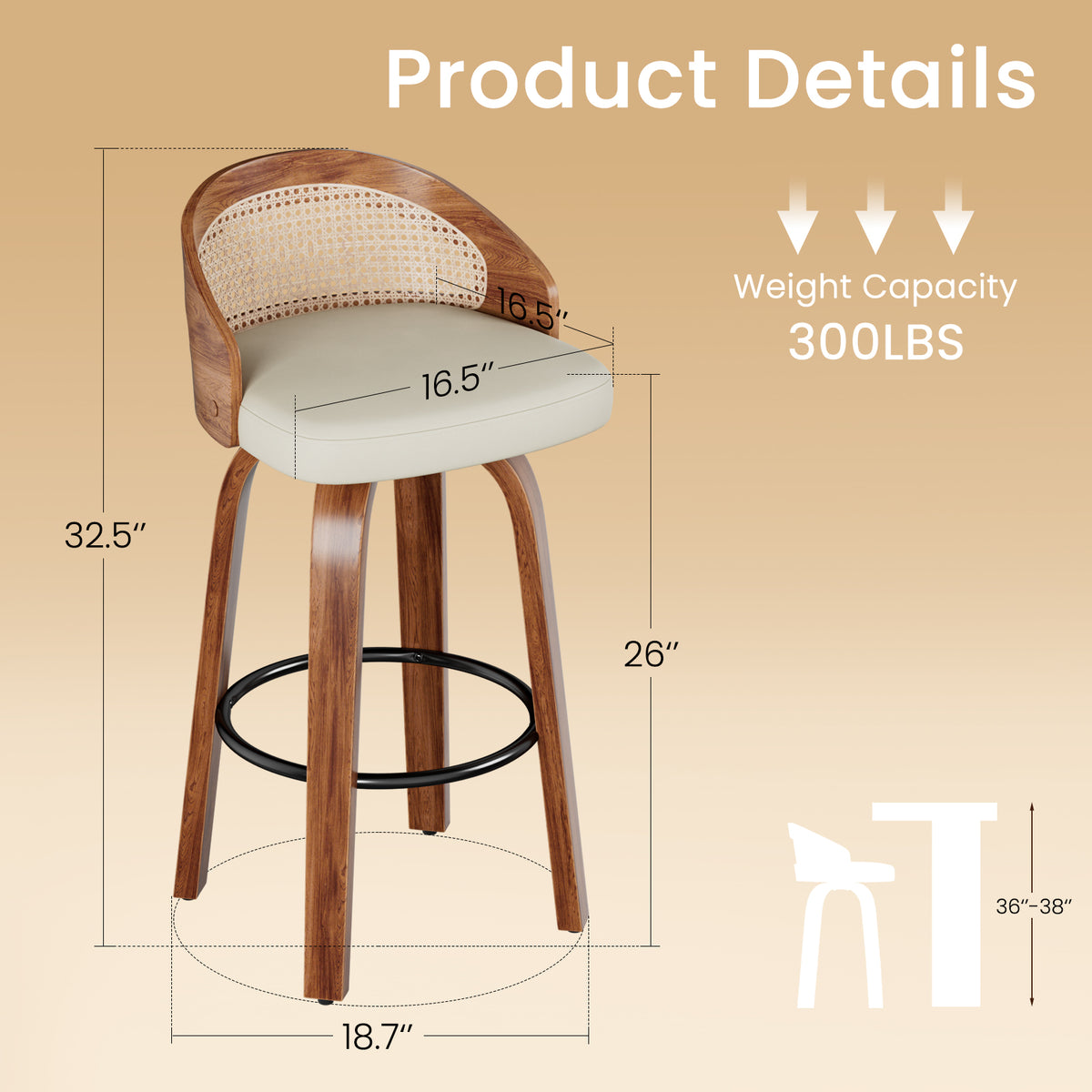 Farini Swivel Bar Stools Set of 2, Upholstered PU Leather Stools with Rattan Back & Footrest, 26" Counter Height for Kitchen Island, Bar, or Dining Room, Beige