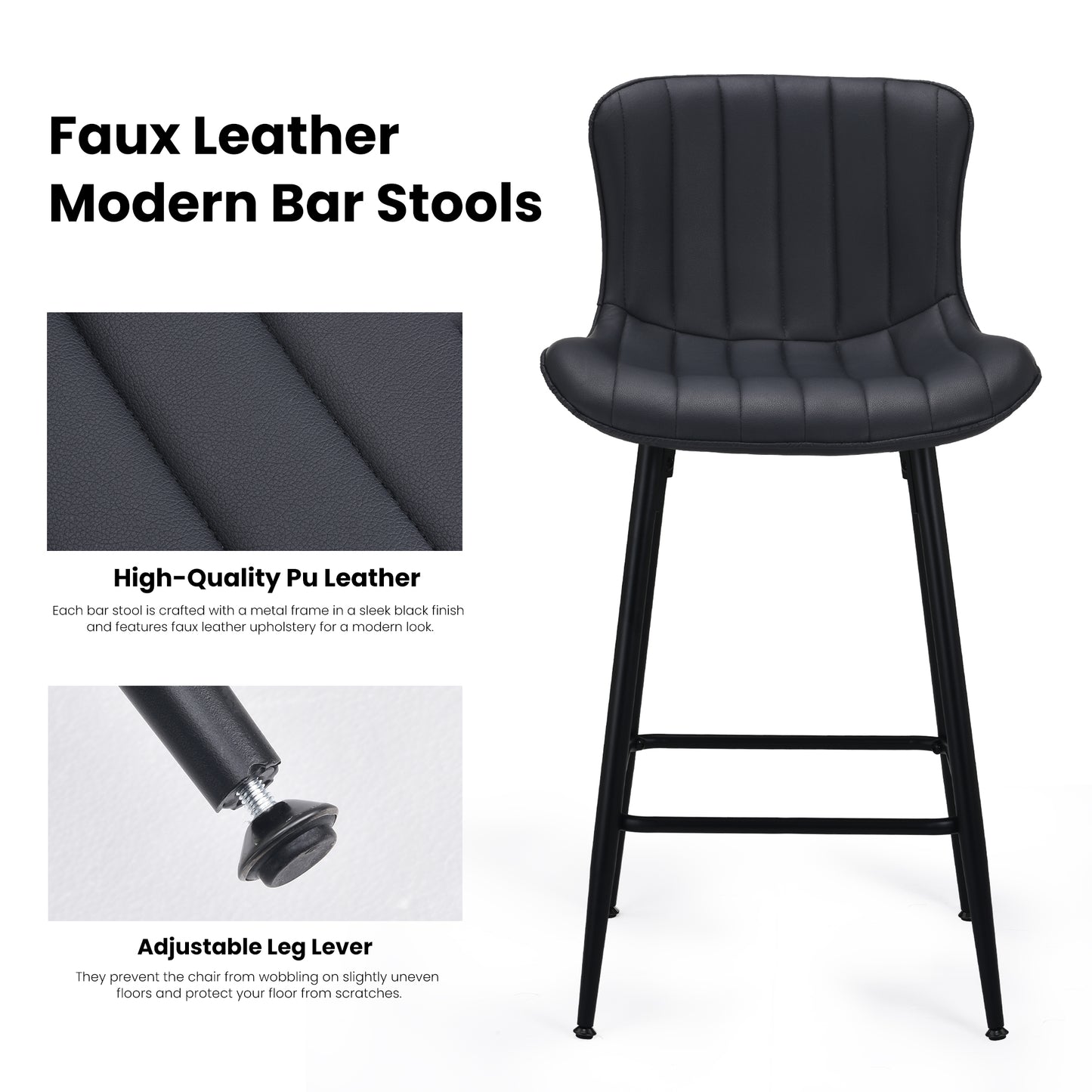 Farini 26" Counter Stools Set of 4, Faux Leather Barstools, Counter Height Chairs for Kitchen Islands & Dining Rooms, Black