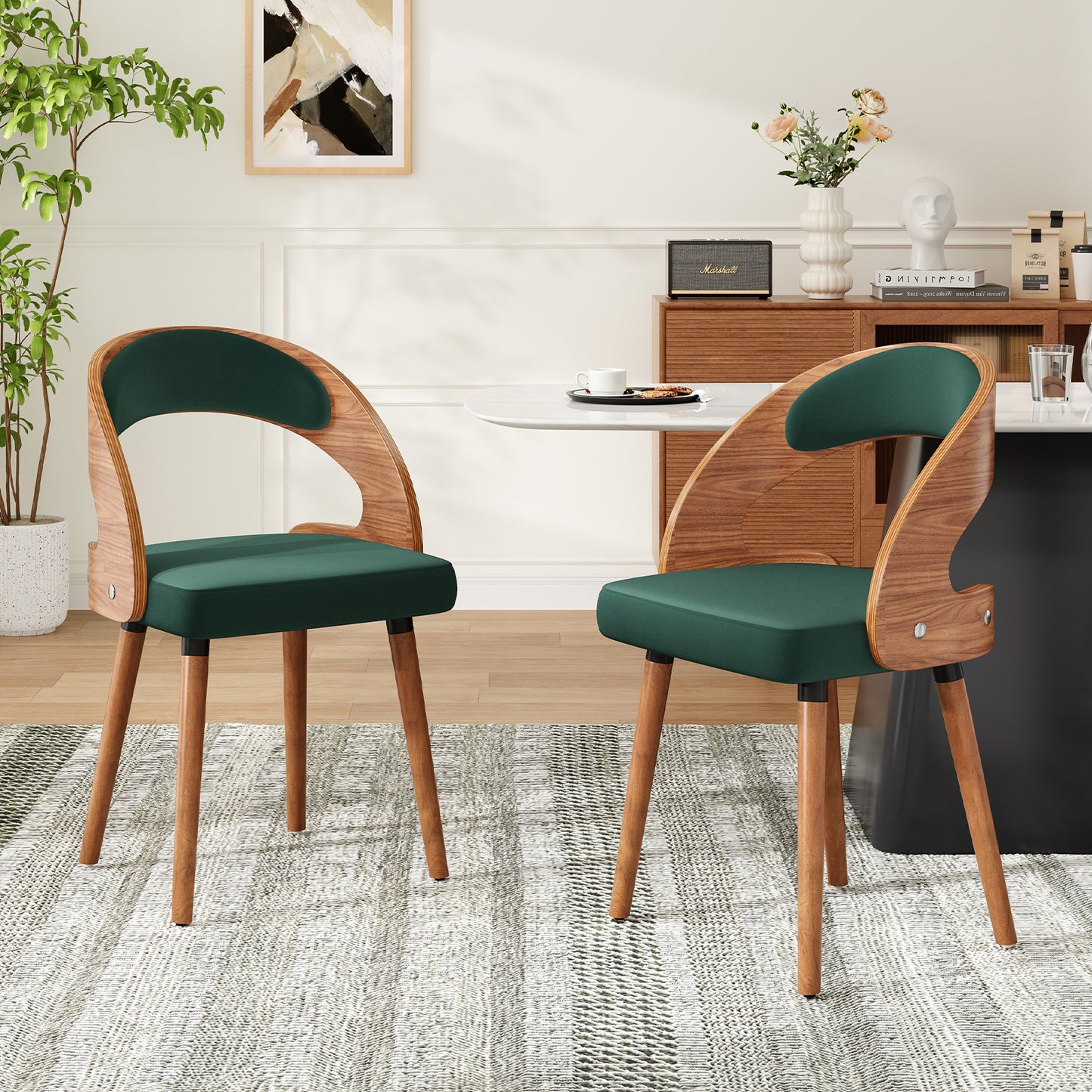 Farini Set of 4 Wood Dining Chairs with Curved Backrest for Kitchen Dining Room, Dark Green