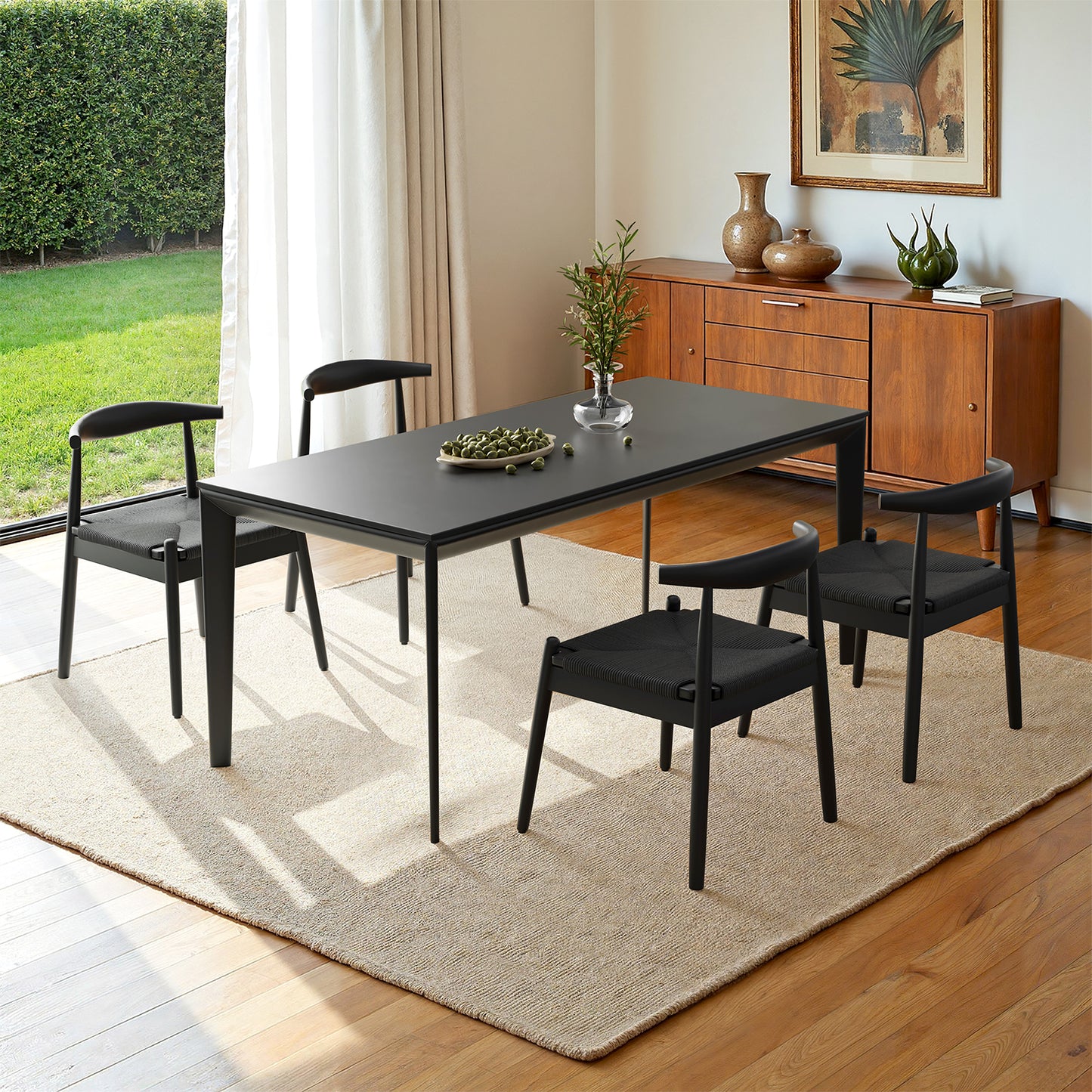 Farini Mid-Century Dining Chairs Set of 4, Solid Wood Frame & Woven Leather Seats, Black