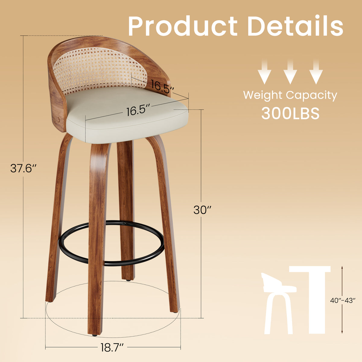 Farini Swivel Bar Stools Set of 2, Upholstered PU Leather Stools with Rattan Back & Footrest, 30" Counter Height for Kitchen Island, Bar, or Dining Room, Beige