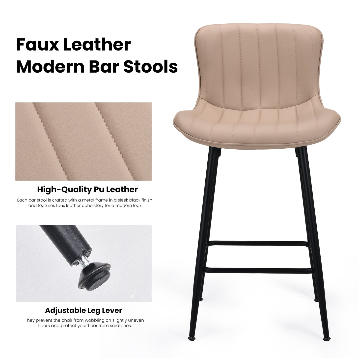 Farini 26" Counter Stools Set of 4, Faux Leather Barstools, Counter Height Chairs for Kitchen Islands & Dining Rooms, Khaki