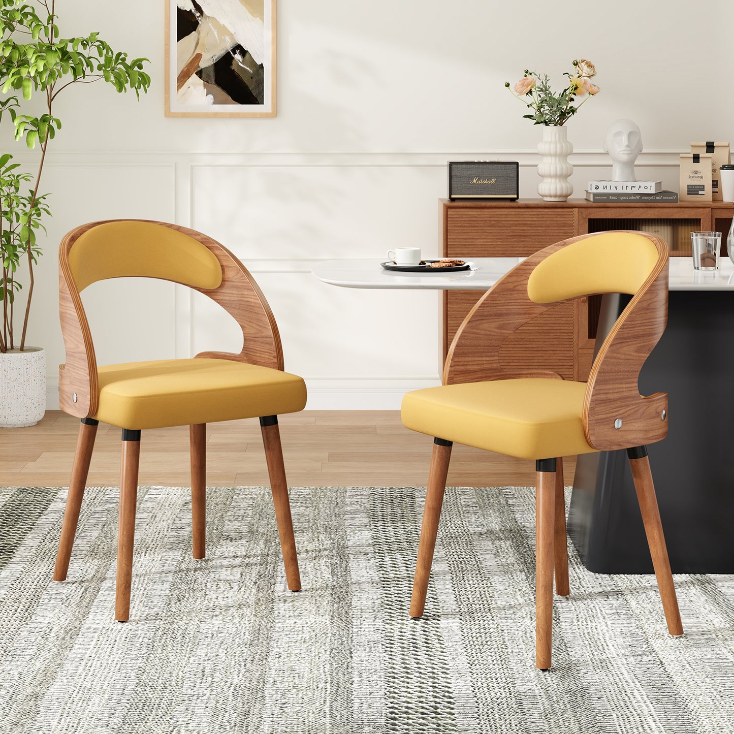 Farini Set of 4 Wood Dining Chairs with Curved Backrest for Kitchen Dining Room, Ginger
