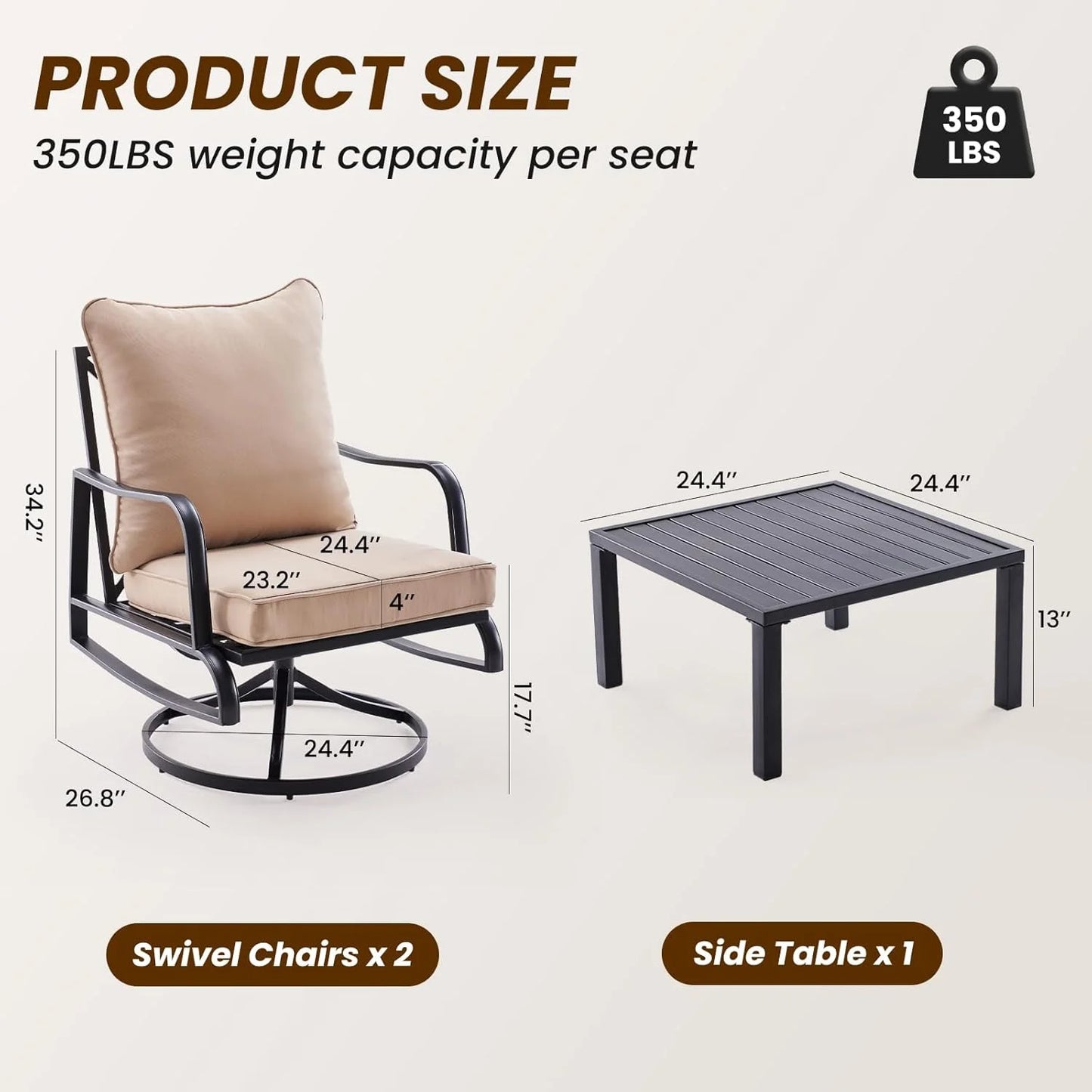 Farini Small Patio Furniture Set of 2, Outdoor Swivel and Rocking Patio Chairs, Metal Outdoor Swivel Chair Sofa with 4" Thick Cushions, Bistro Set for Porch, Balcony, and Backyard
