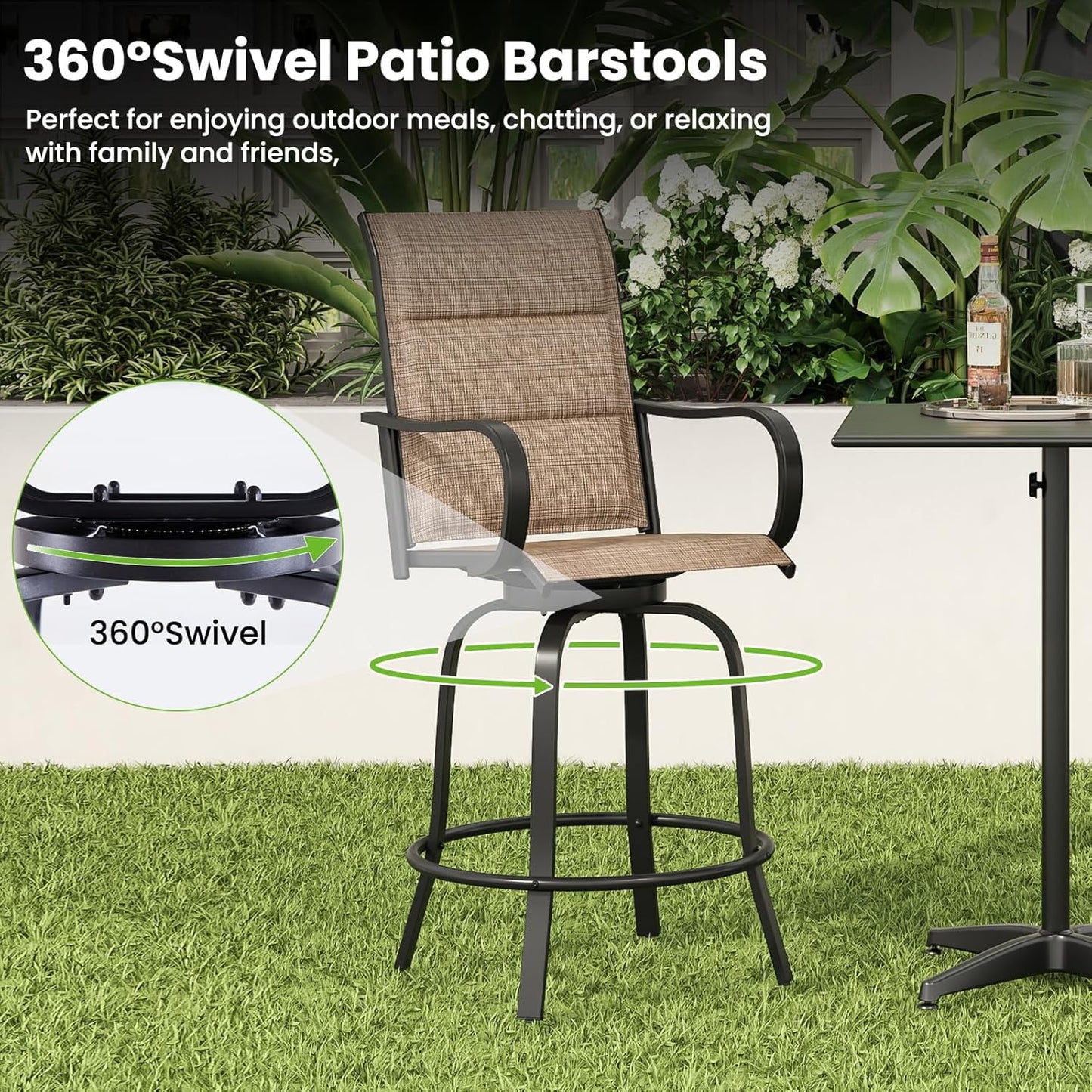 Farini Outdoor Bar Stools Set, 360°Swivel Patio Barstools with Textile Fabric,Ergonomic Comfort Bar Height Tall Outdoor Stools for Balcony