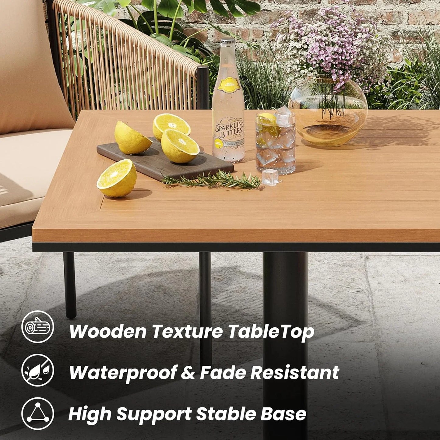 Farini Patio Furniture Table, Outdoor Dining Set of Patio Table, Plastic Wooden Top Outdoor Furniture Table for Lawn, Deck, Backyard, Poolside
