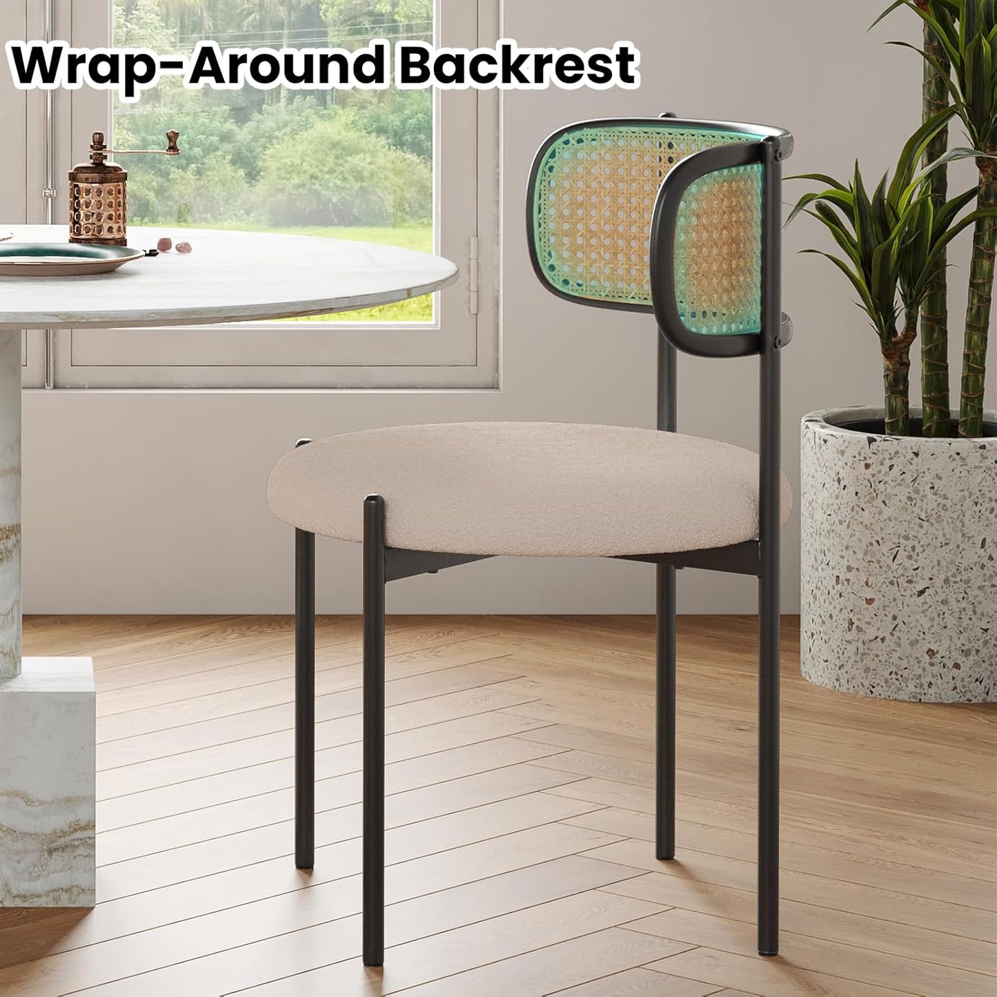Farini Modern Upholstered Dining Chairs, Set of 4, Rattan Back Kitchen Chairs with Metal Legs, Light Brown