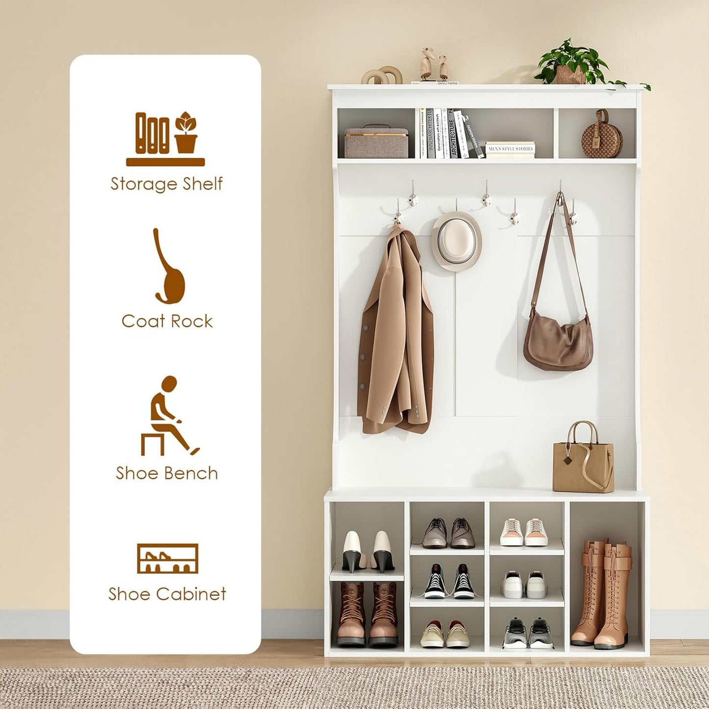 Farini 70.9 Inches Hall Tree with Bench and Shoe Storage for Mud Room,Freestanding Entryway Bench with 7 Coat Racks and Seating,Adjustable Mudroom Bench with Shoe Storage
