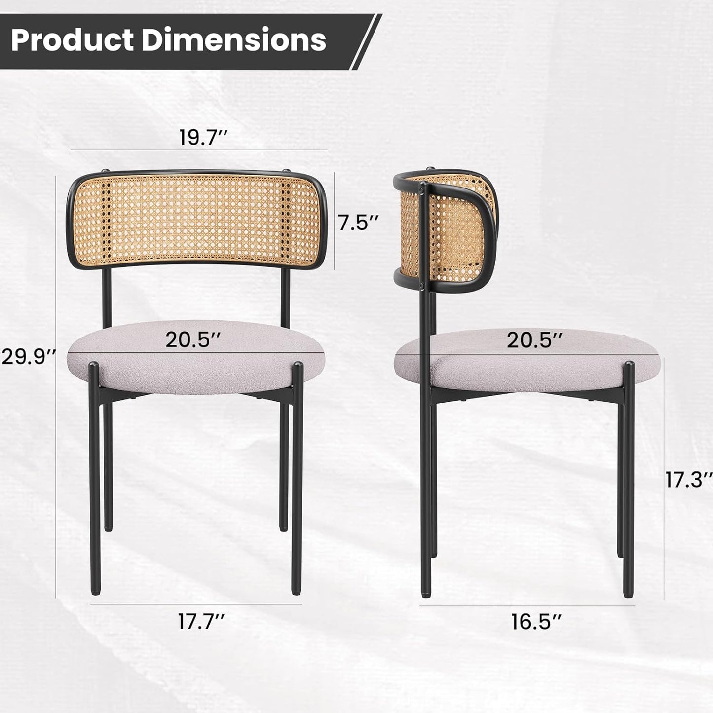 Farini Modern Upholstered Dining Chairs Set of 4,Rattan Back Dining Room Chairs,Accent Kitchen Chairs with Metal Legs,Light Gray