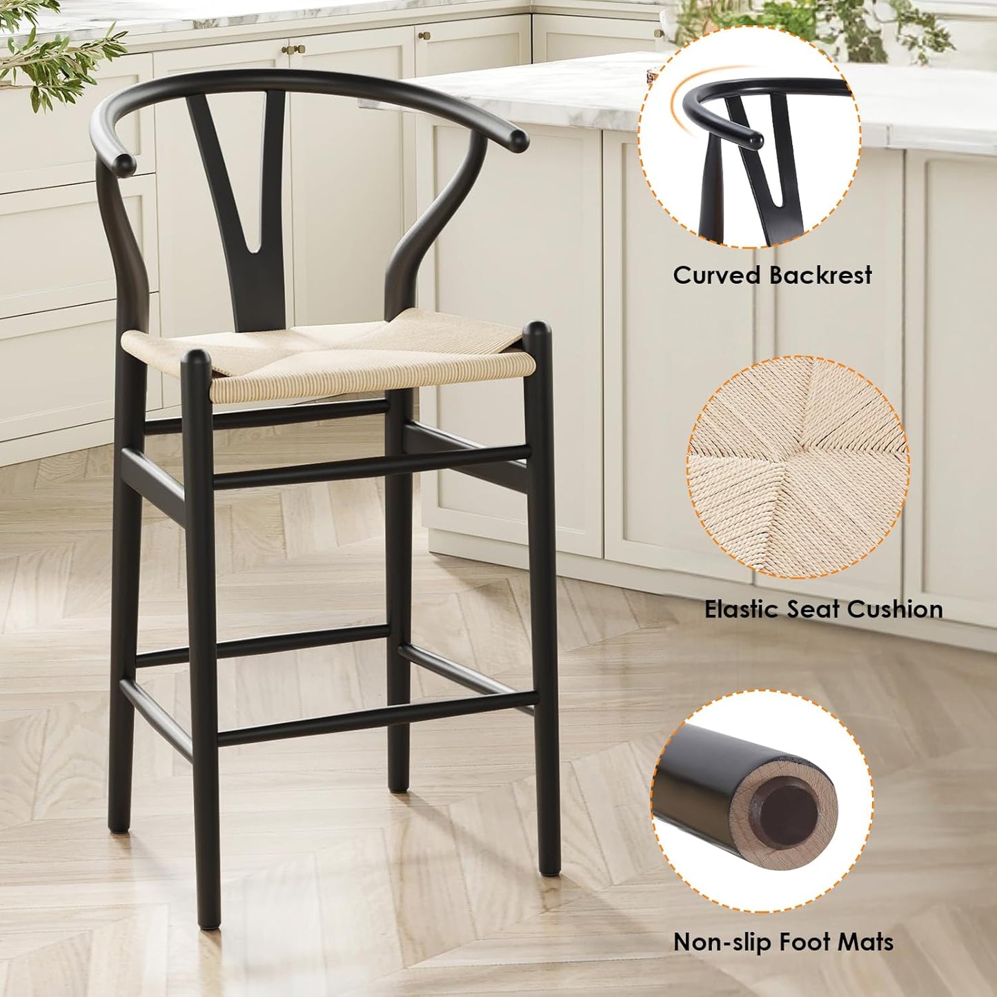 Farini Wishbone Barstool,Weave Counter Height Bar Stools, Fully Assembled Rattan Bar Chairs for Kitchen Island,1pc