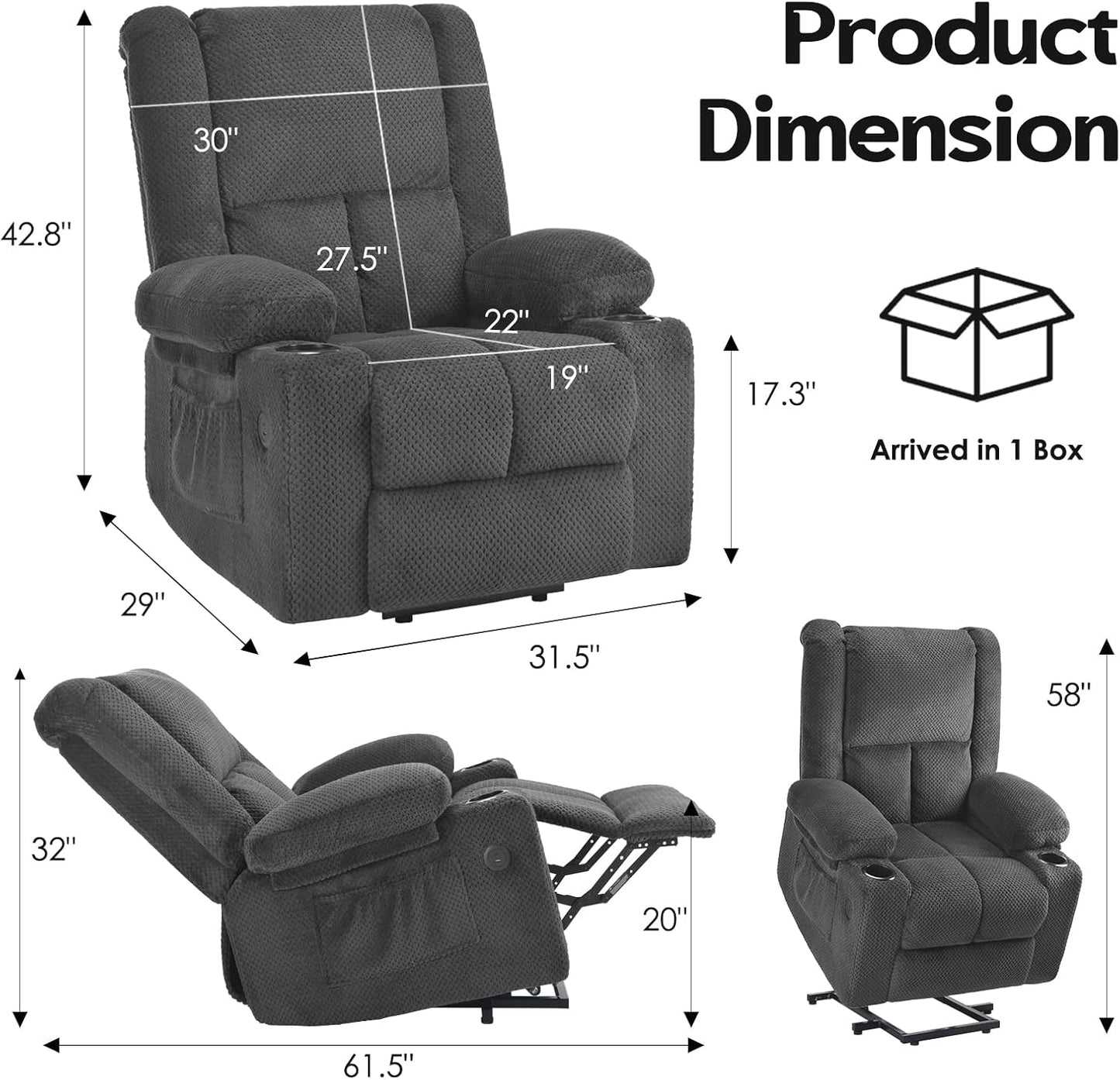 Farini Power Lift Recliner Chair with Massage and Heat for Elderly People, USB Ports and Cup Holders