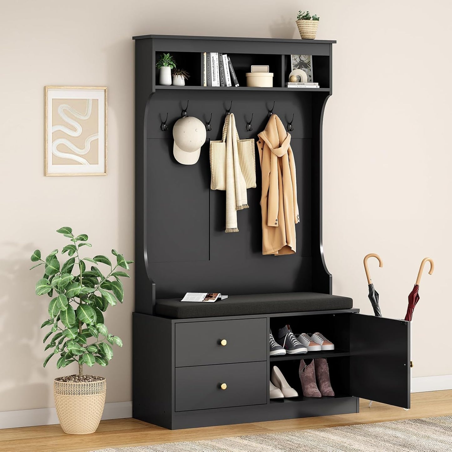 Farini Mud Room Bench with Seating and Shoe Storage, 6-in-1 Farmhouse Hall Tree with 7 Hooks, 70.9" Black