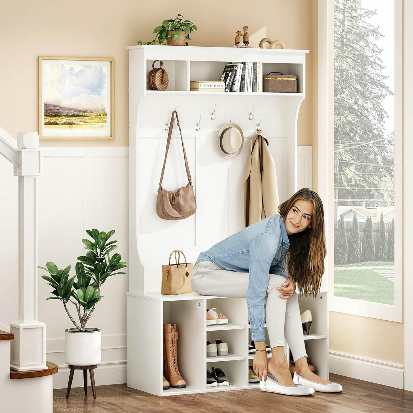 Farini 70.9 Inches Hall Tree with Bench and Shoe Storage for Mud Room,Freestanding Entryway Bench with 7 Coat Racks and Seating,Adjustable Mudroom Bench with Shoe Storage