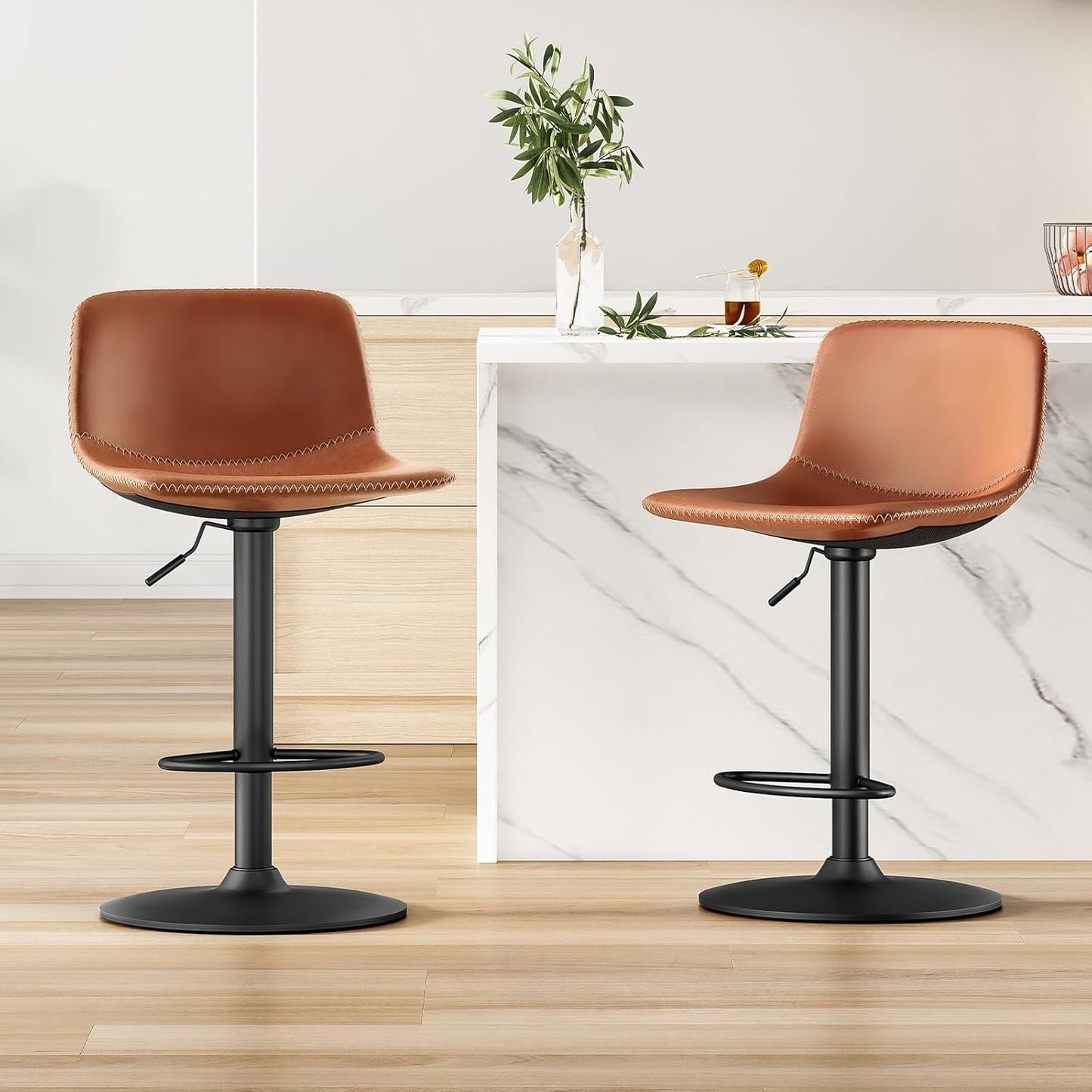 Farini Adjustable Bar Stools Set of 2, Modern Swivel Bar Stools, Bar Height Stools with Back Support, Pu Leather Bar Stool for Kitchen Island Counter