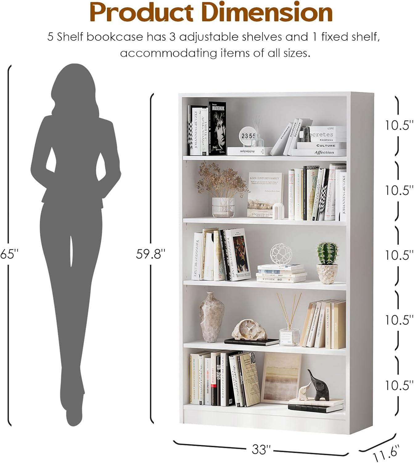 Farini White Bookcase with Adjustable Shelves, 5 Shelf Book Case, Large Tall White Bookshelf for Living Room, Bedroom, 60 in Tall, 33 in Wide, 11.6 in Deep