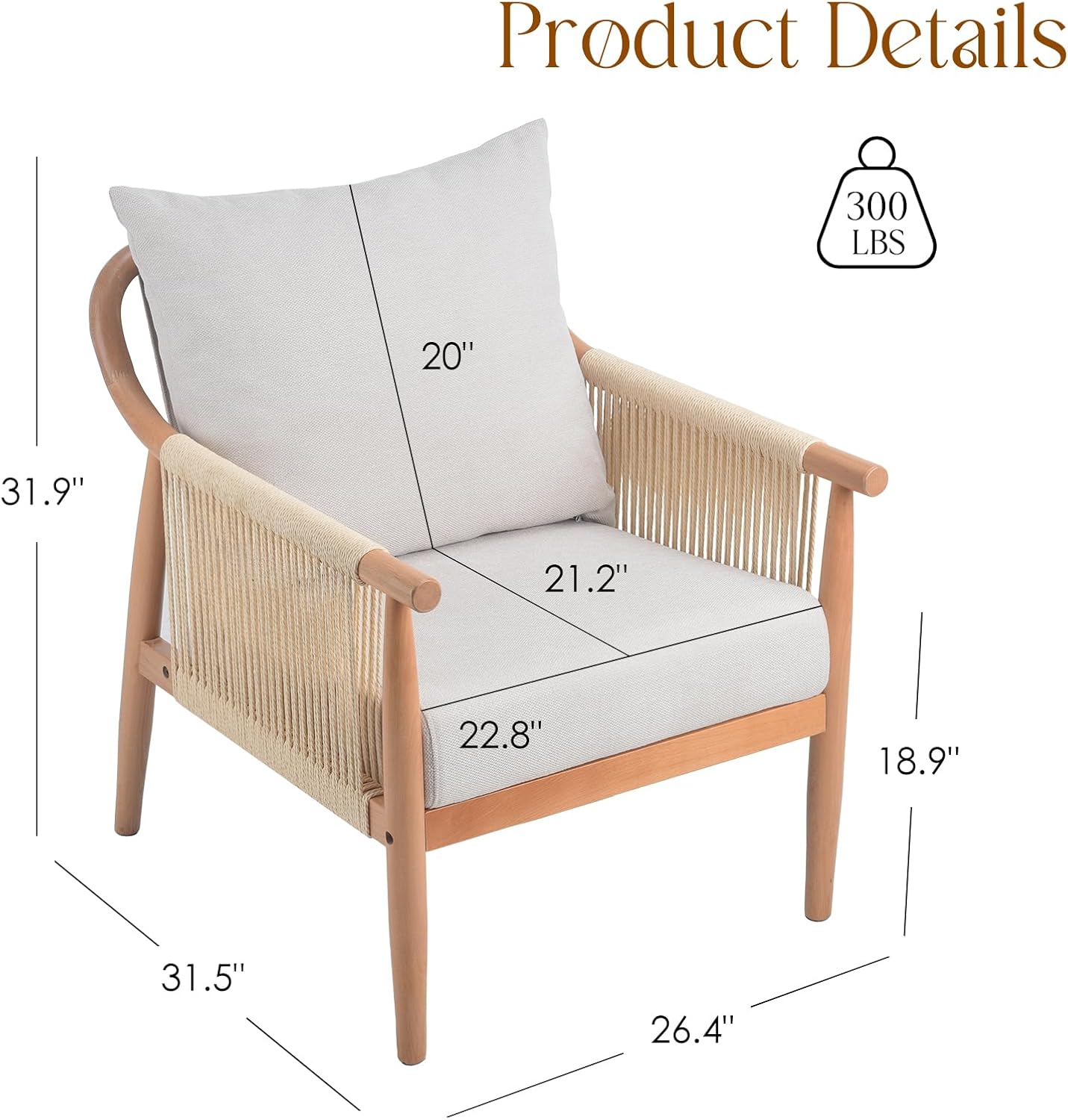 Farini Braid Armchair, Mid Century Modern Wood Accent Chair for Living Room,Reading Bedroom Chair