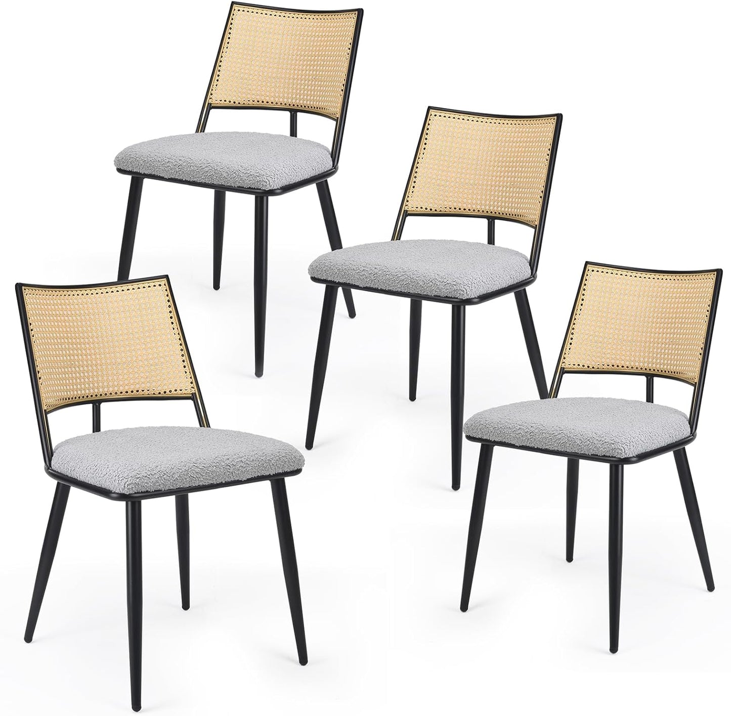 Farini Dining Chairs Set of 2 or 4, Mid-Century Modern Kitchen Chairs with Rattan Backrest & Metal Frame, Boucle Upholstered Accent Chairs for Dining Room, Kitchen, Living Room