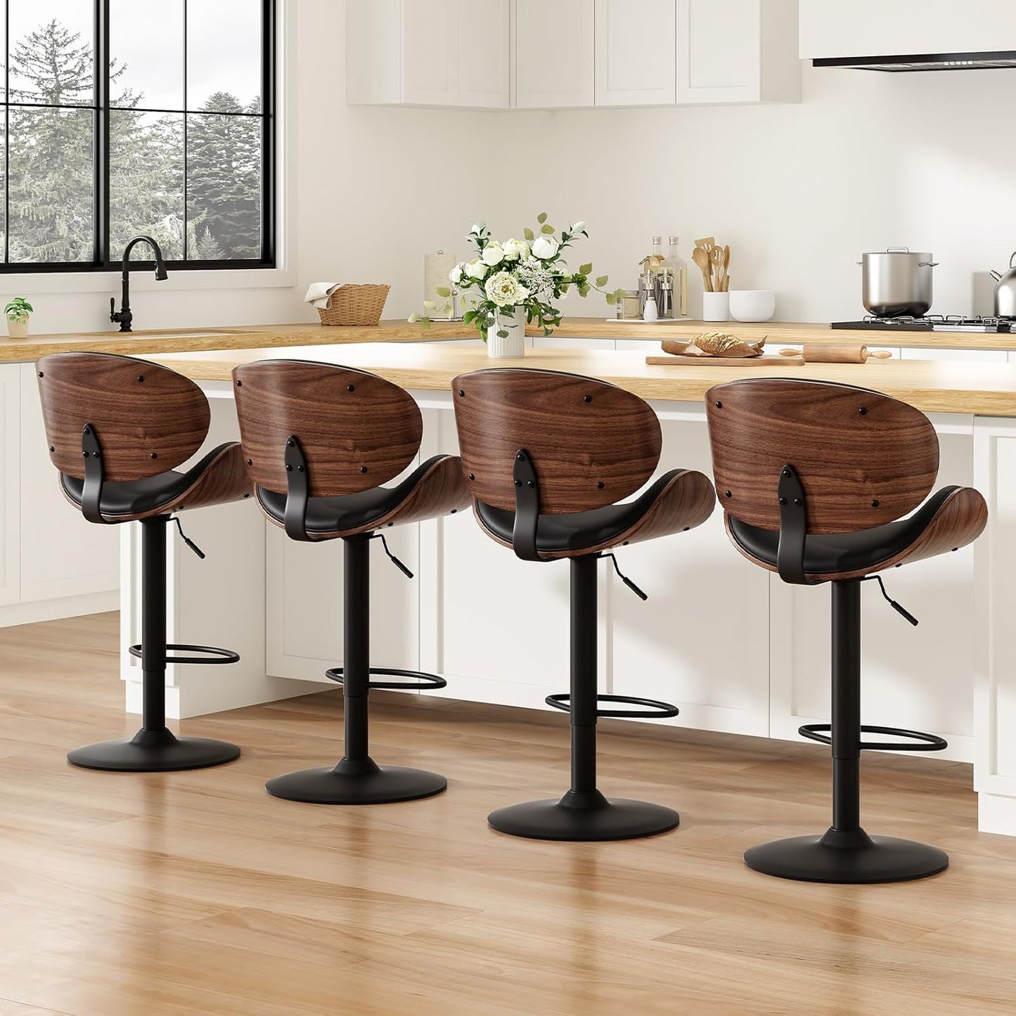 Farini Swivel Bar Stools Set of 4 Adjustable Height Bentwood Barstools with PU Leather Upholstered Seat, Backrest and Footrest,Modern Kitchen Counter Chairs for Bar, Dining Room,Black