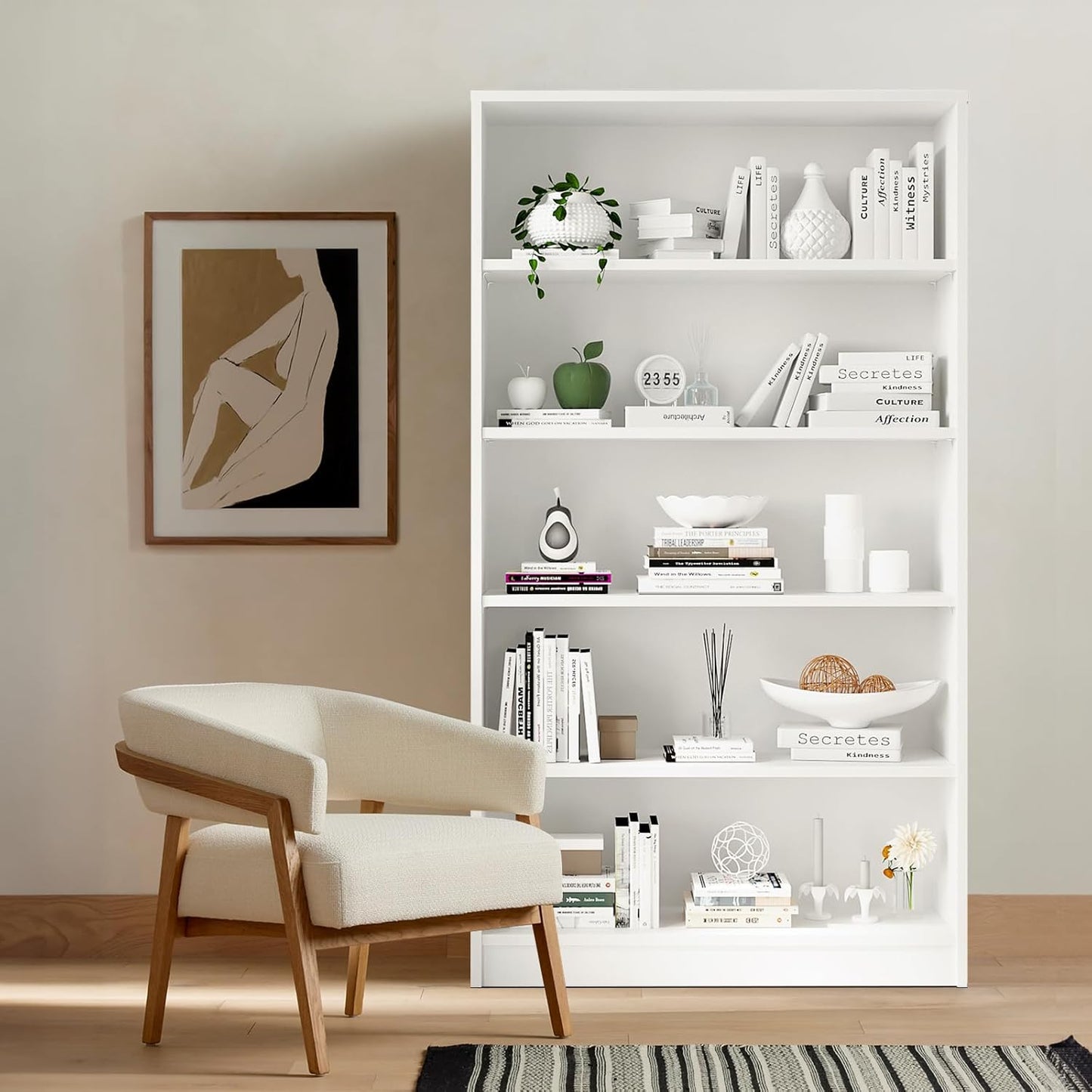 Farini White Bookcase with Adjustable Shelves, 5 Shelf Book Case, Large Tall White Bookshelf for Living Room, Bedroom, 60 in Tall, 33 in Wide, 11.6 in Deep