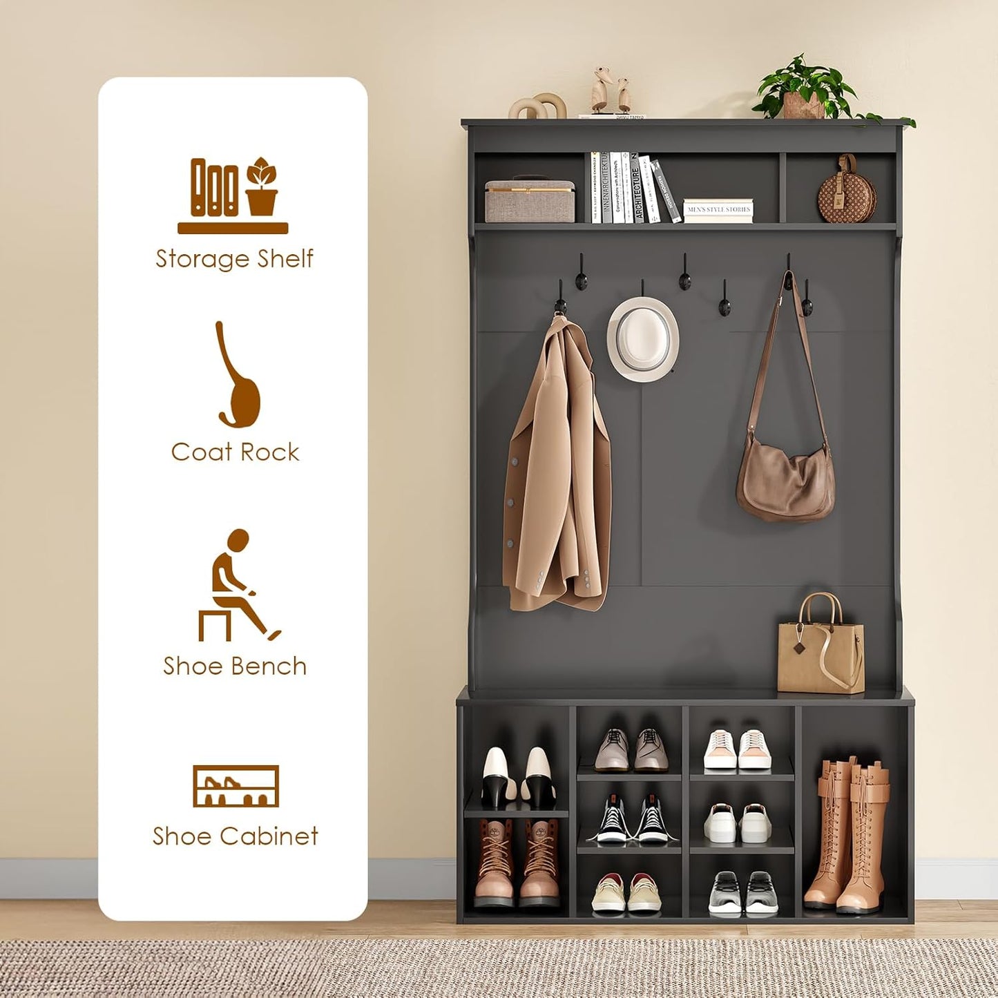 Farini 70.9 Inches Hall Tree With Bench and Shoe Storage for Mud Room, Freestanding Entryway With 7 Coat Racks and Seating, Adjustable Mudroom Storage, Black