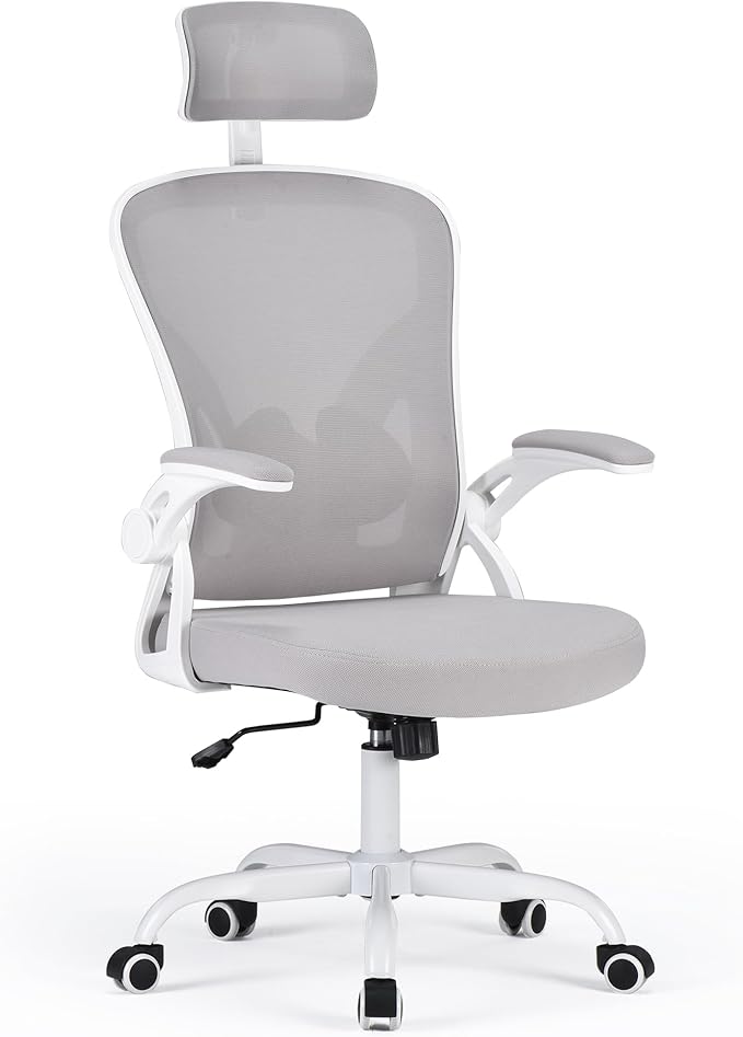 Farini Ergonomischer Stuhl mit Armlehne Büro Schreibtischstuhl mit Rollen Bequemer Home Office Stuhl, Grau Weiß