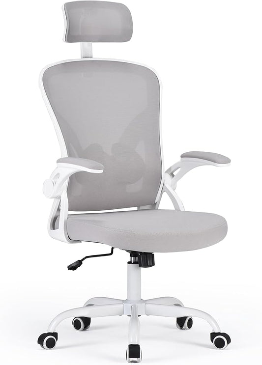 Farini Ergonomischer Stuhl mit Armlehne Büro Schreibtischstuhl mit Rollen Bequemer Home Office Stuhl, Grau Weiß