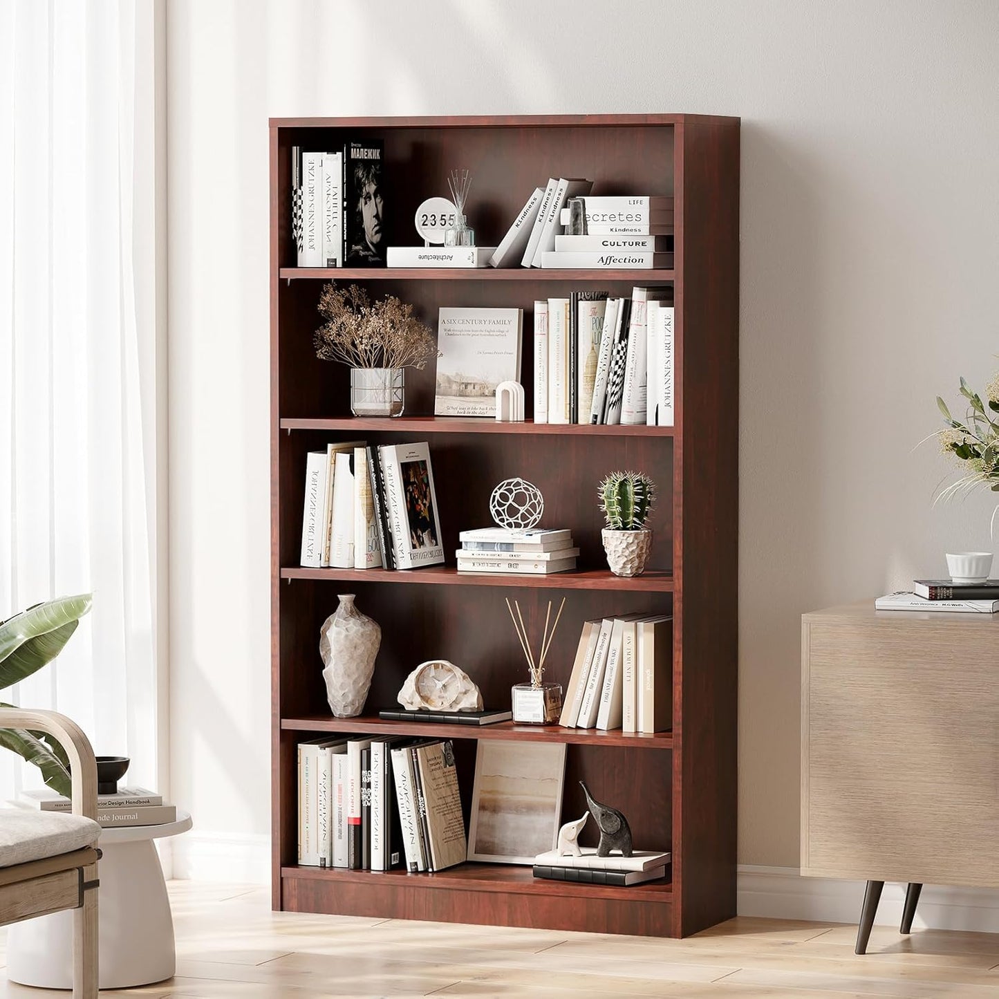 Farini Bookshelf With Adjustable Shelves, 5 Shelf Bookcase for Living Room, Bedroom - Large Tall Wood Book Case, 60 in Tall, 33 in Wide, 11.6 in Deep, Cherry