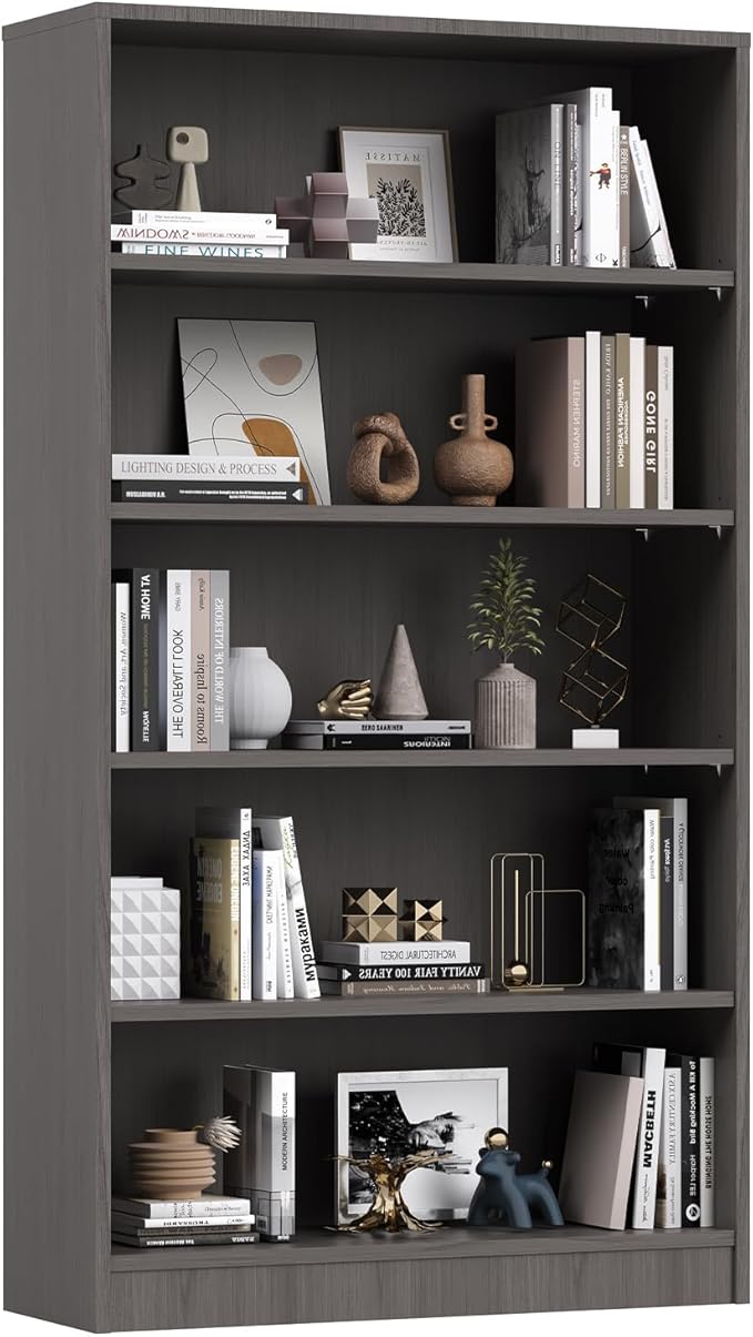 Farini 5 Tiers Bookcase, Wooden Bookcase with Adjustable Shelves for Home, Office