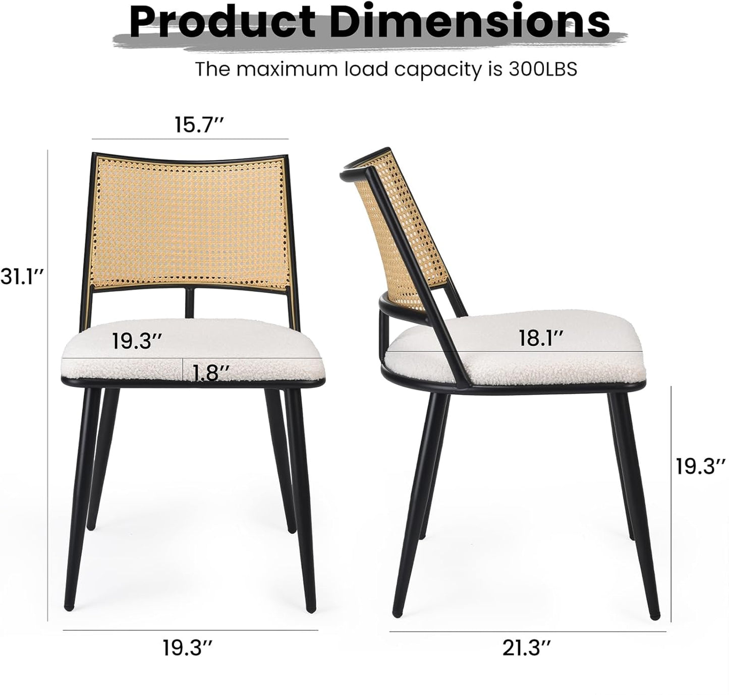 Farini Dining Chairs Set of 2 or 4, Mid-Century Modern Kitchen Chairs with Rattan Backrest & Metal Frame, Boucle Upholstered Accent Chairs for Dining Room, Kitchen, Living Room