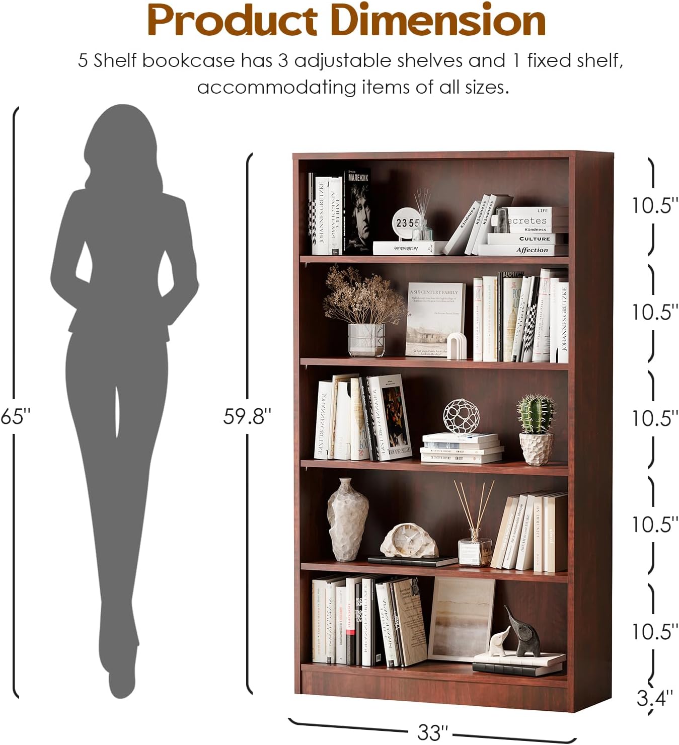 Farini Bookshelf With Adjustable Shelves, 5 Shelf Bookcase for Living Room, Bedroom - Large Tall Wood Book Case, 60 in Tall, 33 in Wide, 11.6 in Deep, Cherry