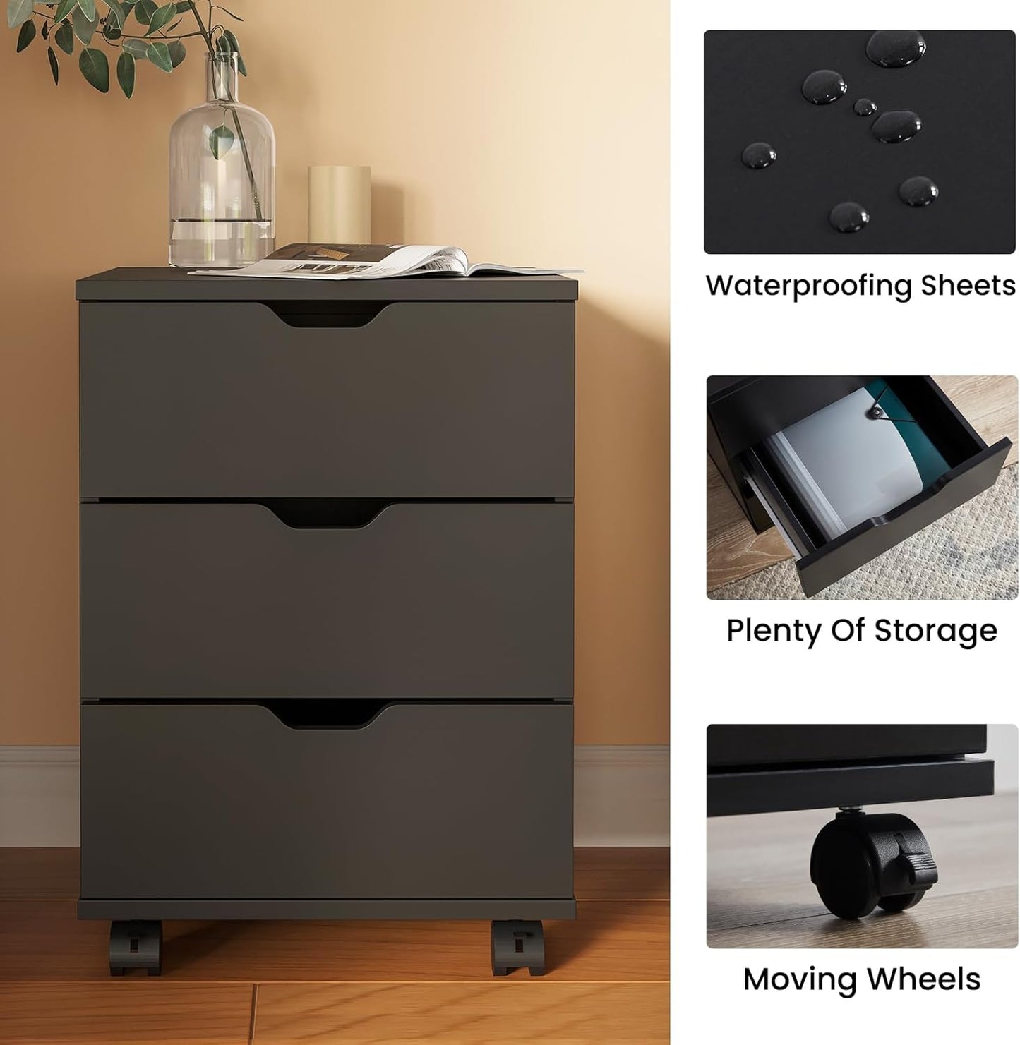 Farini Mobile File Cabinet for Home Office, 3-Drawer Wooden File Cabinet, Perfect for Under Desk Storage