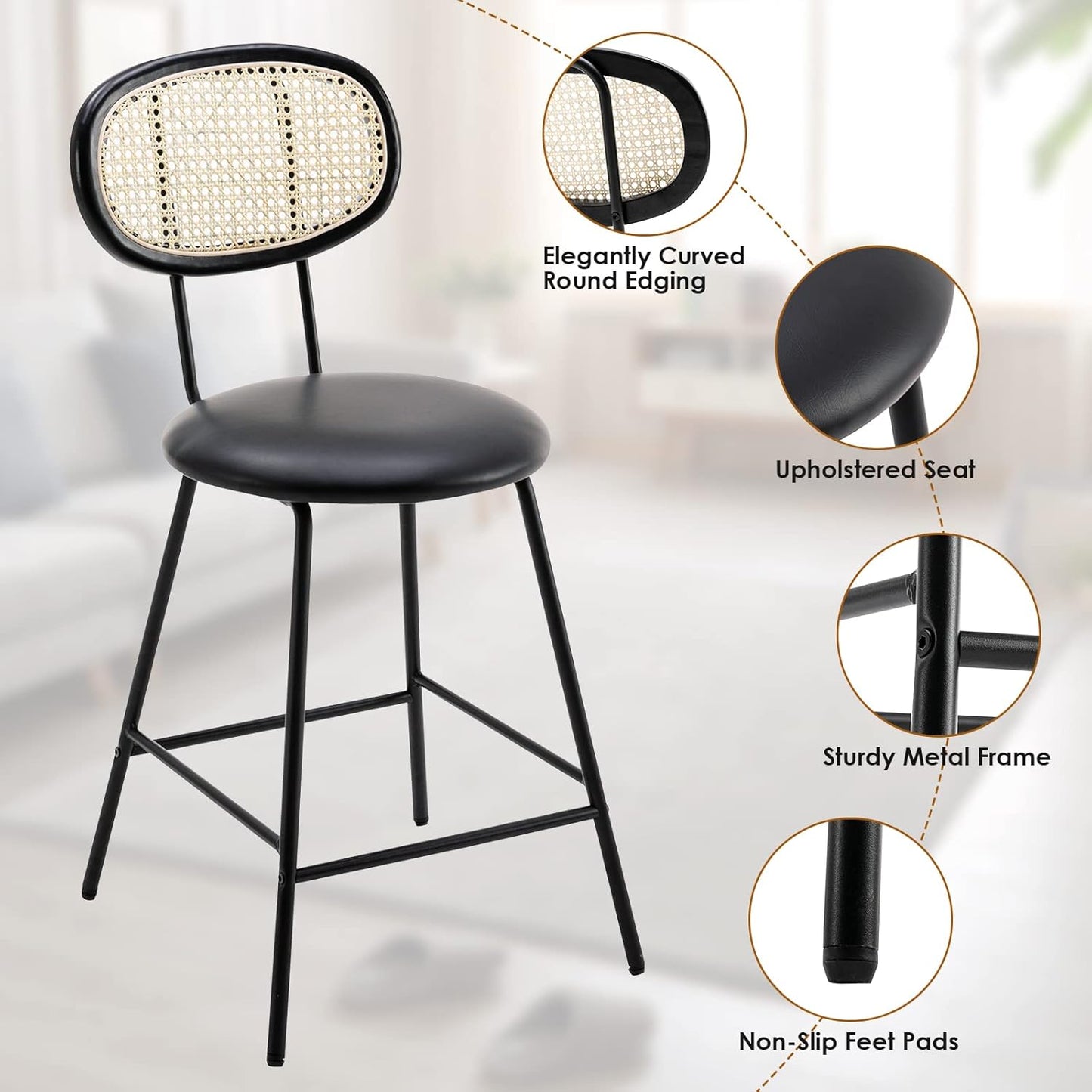 Farini Counter Stools Set of 4, Bar Stools, Indoor Metal Counter Height Barstools for Home, Faux Leather Counter Stool with Rattan Backrest