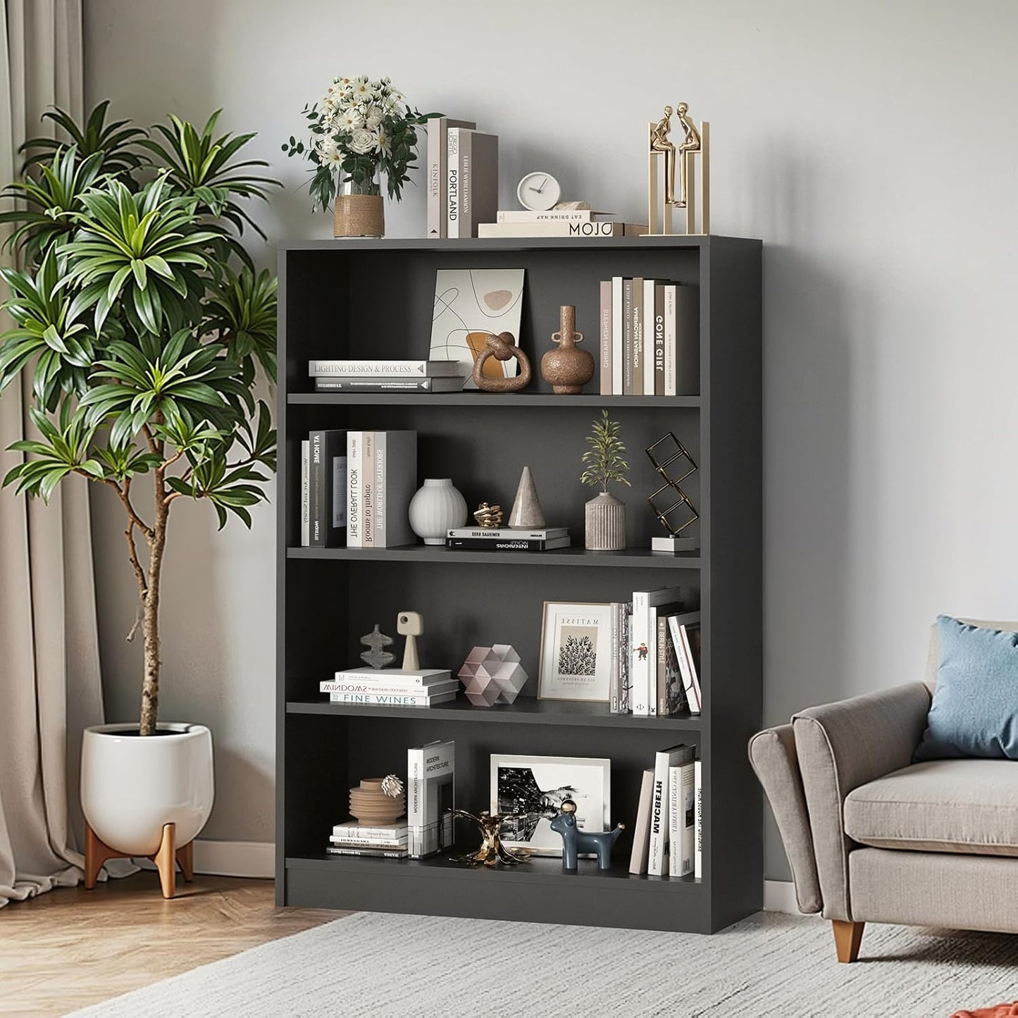 Farini 4 Tiers Bookcase, Wooden Bookcase with Adjustable Shelves for Home, Office