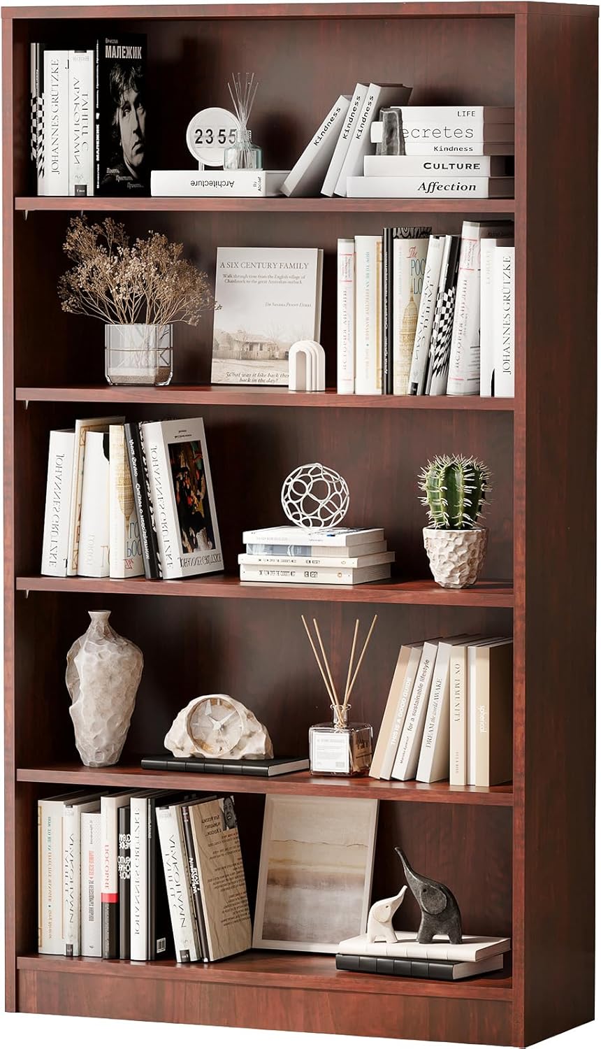 Farini Bookshelf With Adjustable Shelves, 5 Shelf Bookcase for Living Room, Bedroom - Large Tall Wood Book Case, 60 in Tall, 33 in Wide, 11.6 in Deep, Cherry