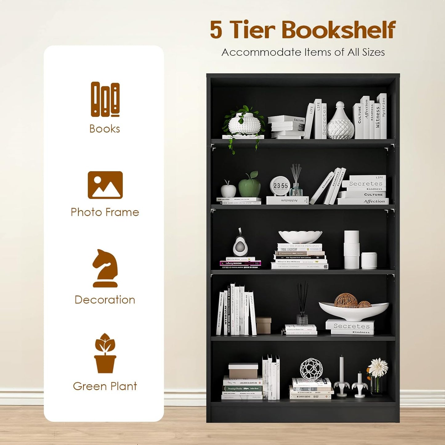 Farini 5 Shelf Bookcase,60 Inch Wood Tall Bookshelves for Living Room