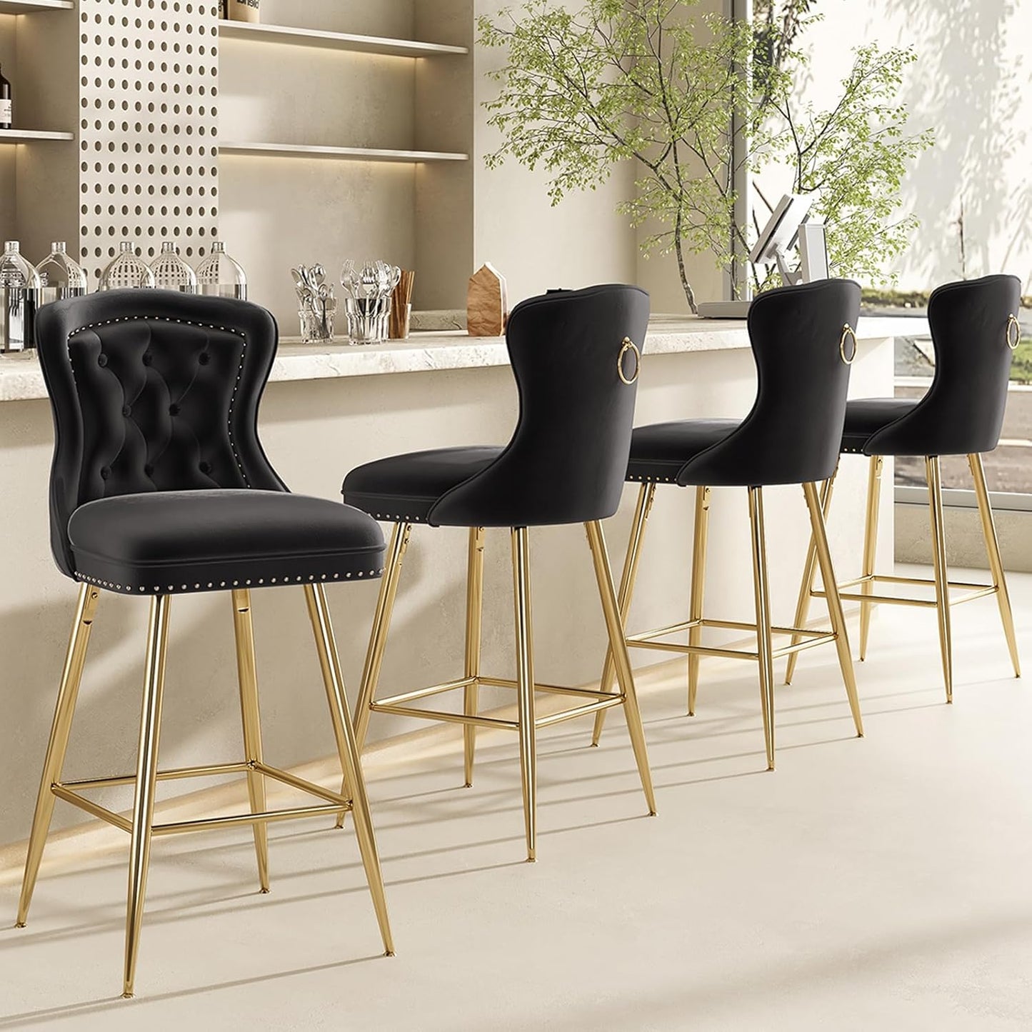 Farini Bar Stools Set of 4, Velvet Counter Height Bar Stools with Metal Legs, Button Tufted and Nailheads Trim, Wing-Back Bar Chairs for Kitchen Island Dining Room Pub