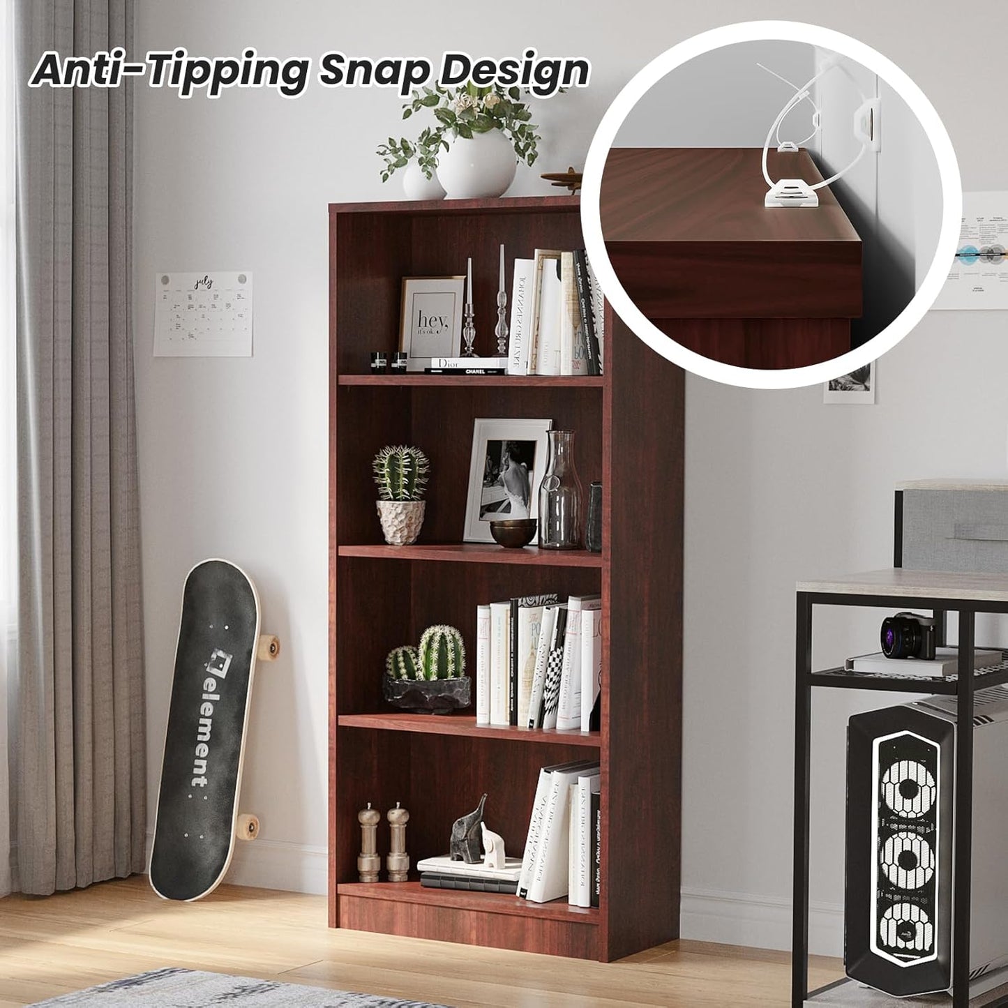 Farini Bookcase Freestanding 4 Shelf Wood Bookshelf Adjustable Shelves for Home Office,4 Layer, Cherry