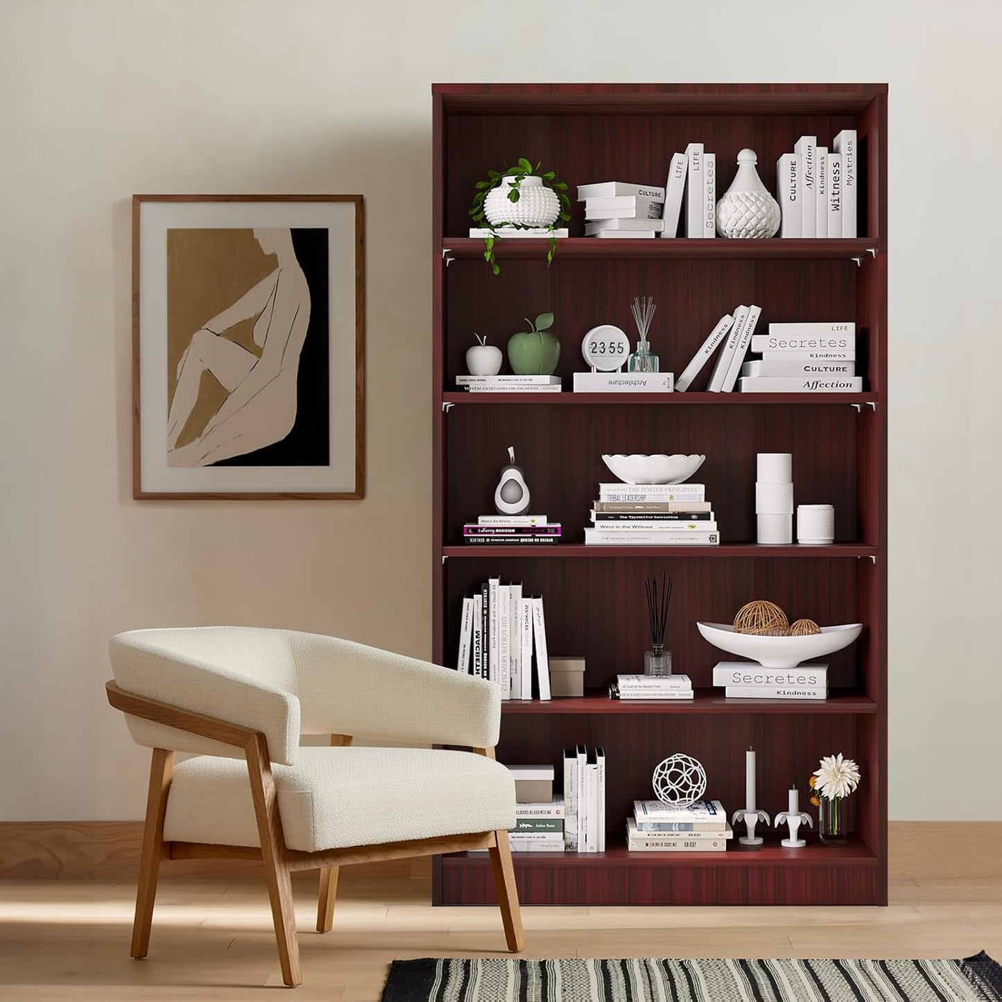 Farini 5 Shelf Bookcase,60 Inch Wood Tall Bookshelves for Living Room